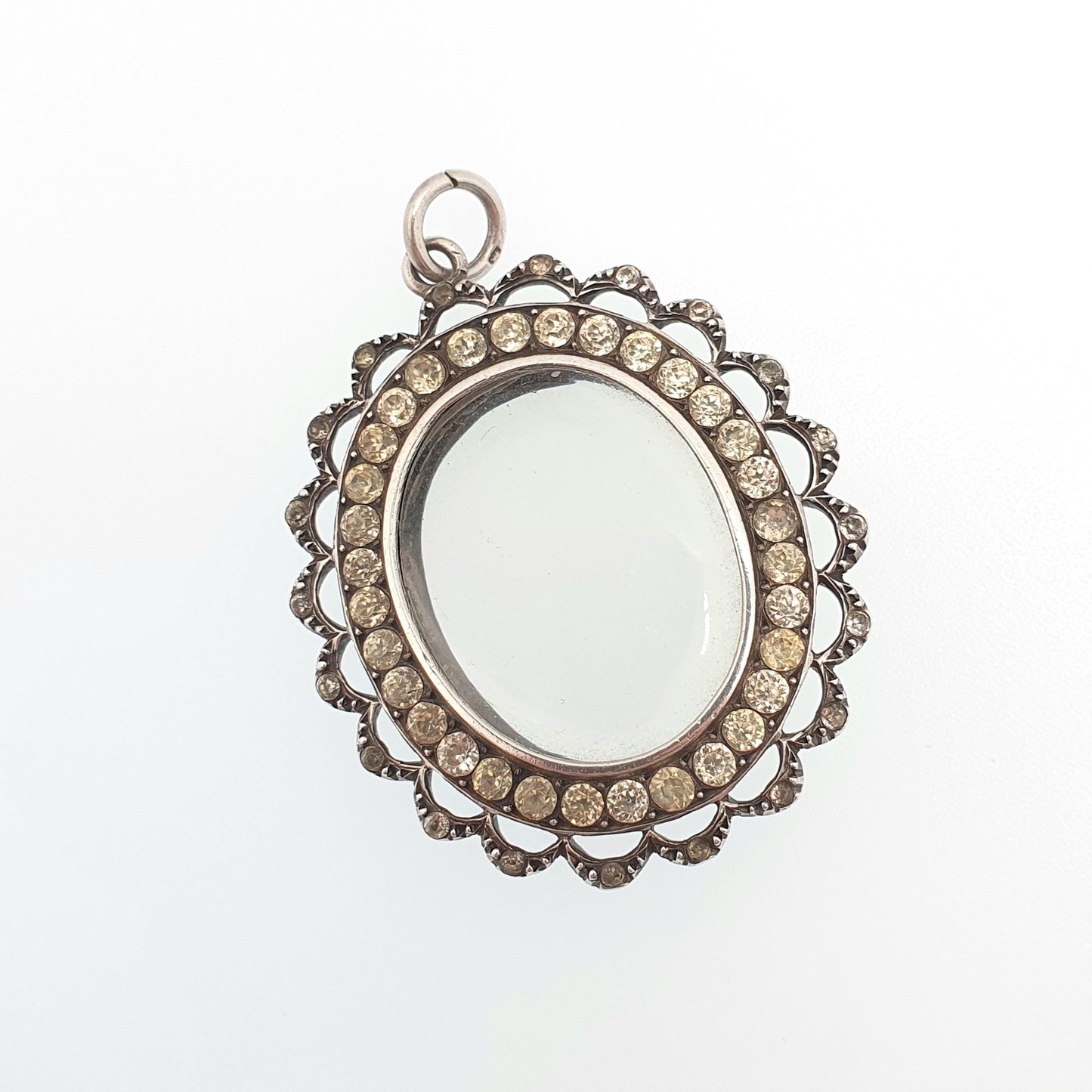 Antique Solid Silver Diamond Paste Locket Pendant Edwardian Oval Large Big Necklace Picture Photo Double Sided