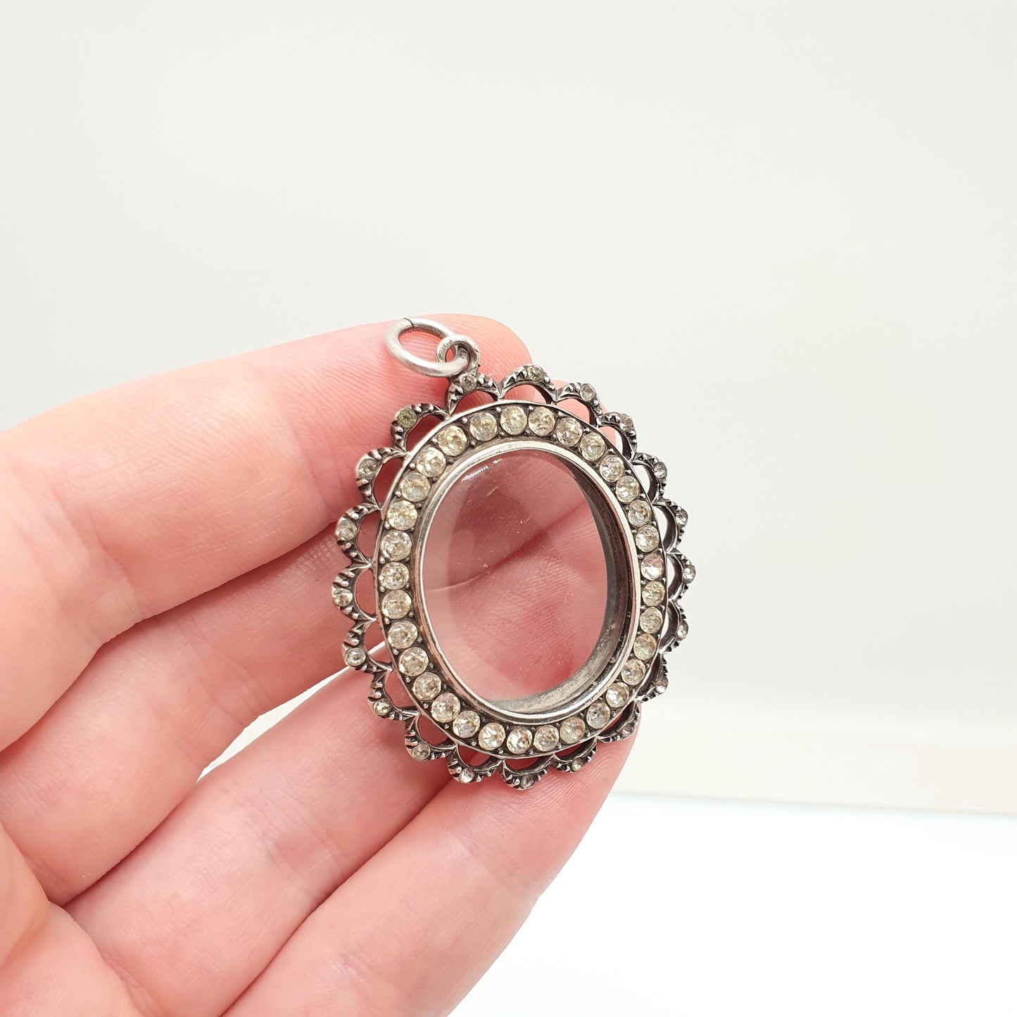 Antique Solid Silver Diamond Paste Locket Pendant Edwardian Oval Large Big Necklace Picture Photo Double Sided