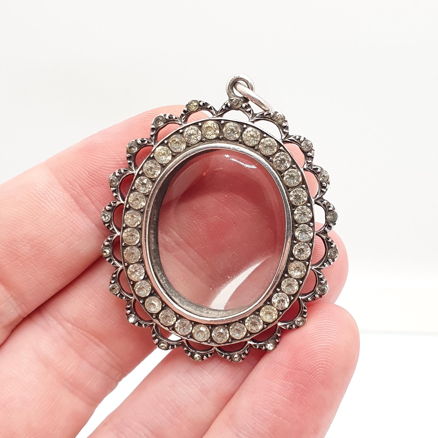 Antique Solid Silver Diamond Paste Locket Pendant Edwardian Oval Large Big Necklace Picture Photo Double Sided