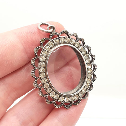 Antique Solid Silver Diamond Paste Locket Pendant Edwardian Oval Large Big Necklace Picture Photo Double Sided