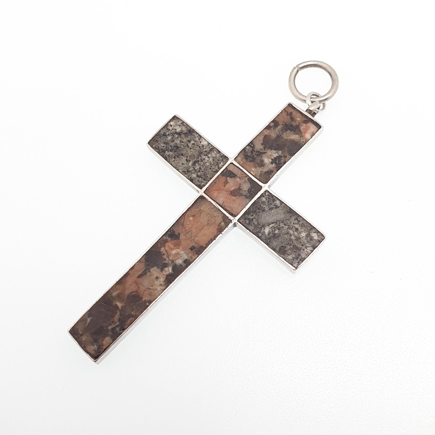 Antique Victorian Solid Silver Scottish Cross Necklace Pendant Aberdeenshire Agate Crucifix Speckled Pink Grey Big Large Vintage