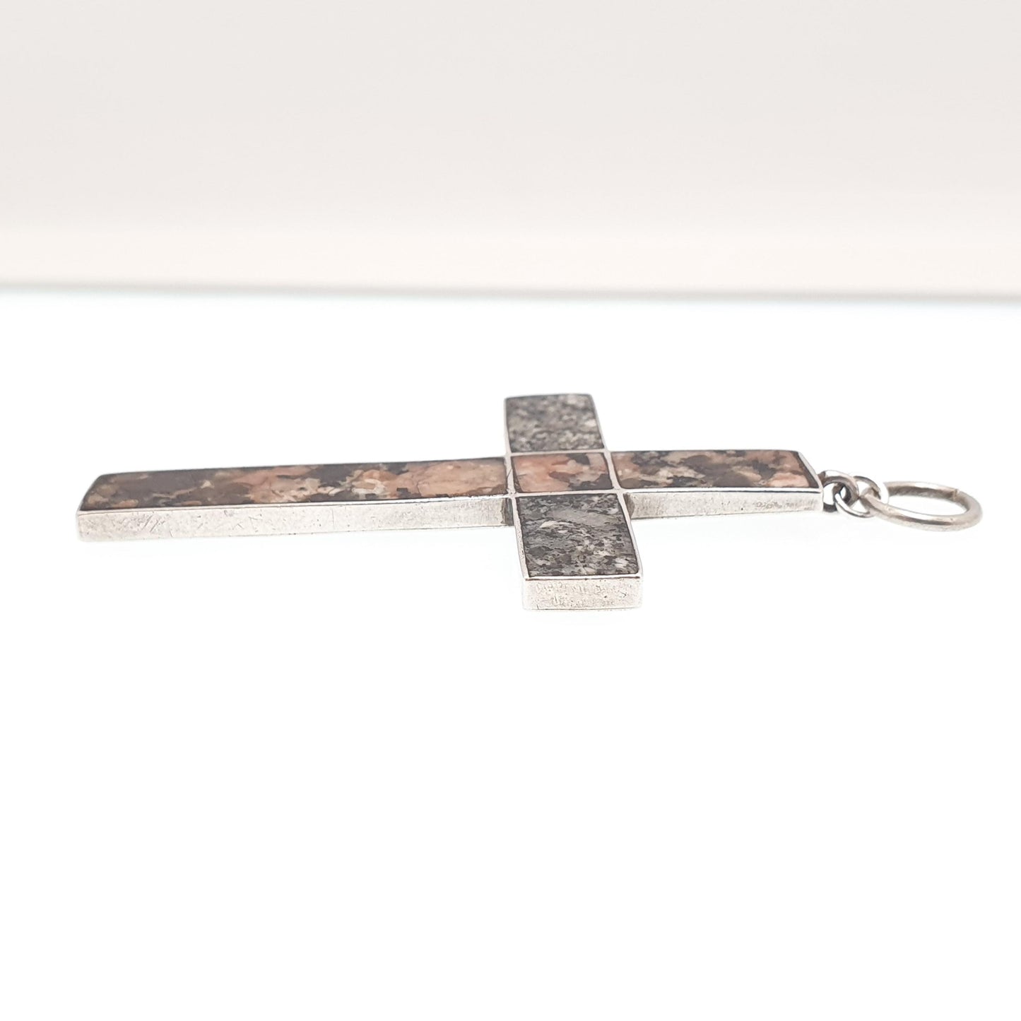 Antique Victorian Solid Silver Scottish Cross Necklace Pendant Aberdeenshire Agate Crucifix Speckled Pink Grey Big Large Vintage