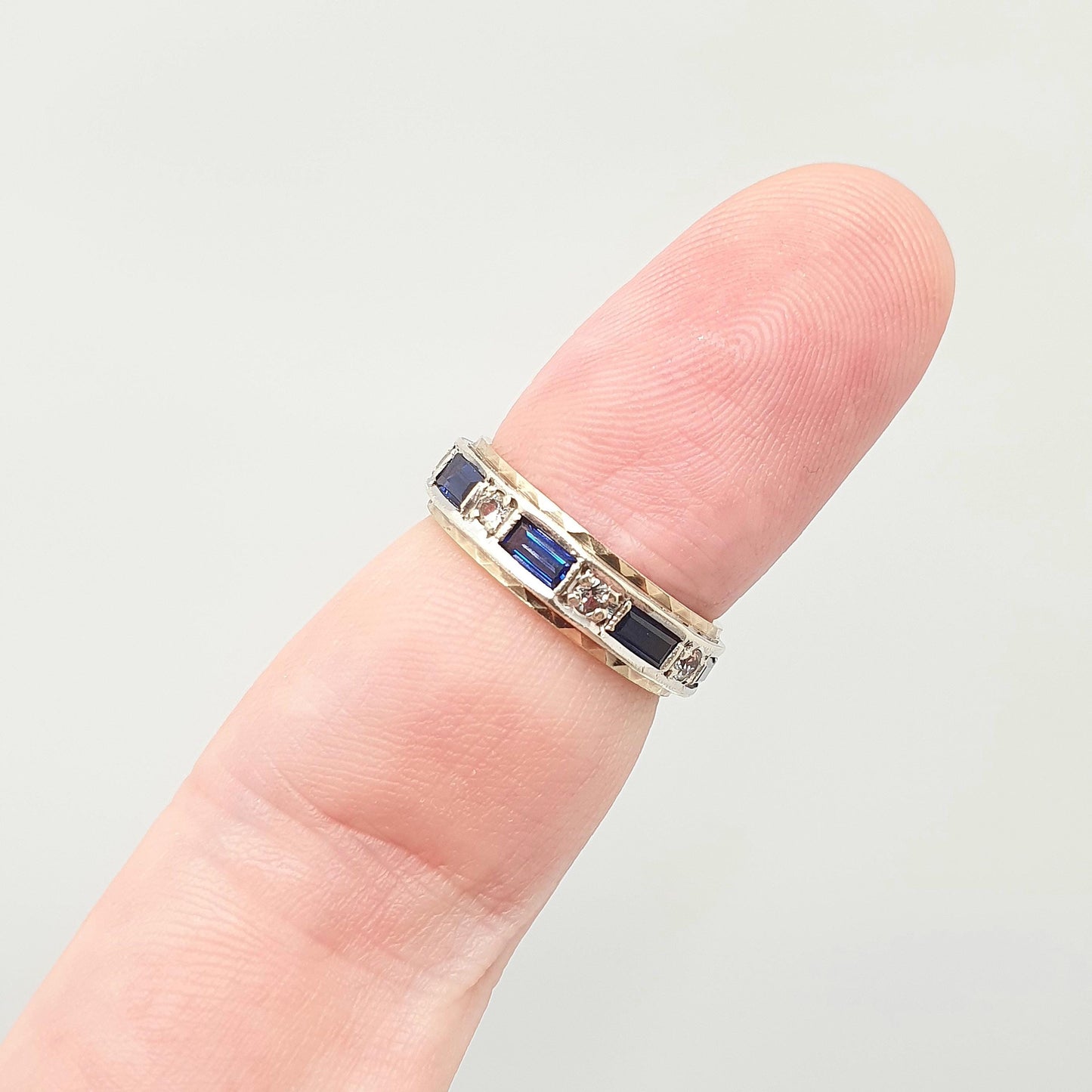 Vintage 9ct Gold Sapphire Eternity Ring White Spinel Baguette Cut Full Band Gemstone Solid 9k 375 Womens Jewelry Jewellery