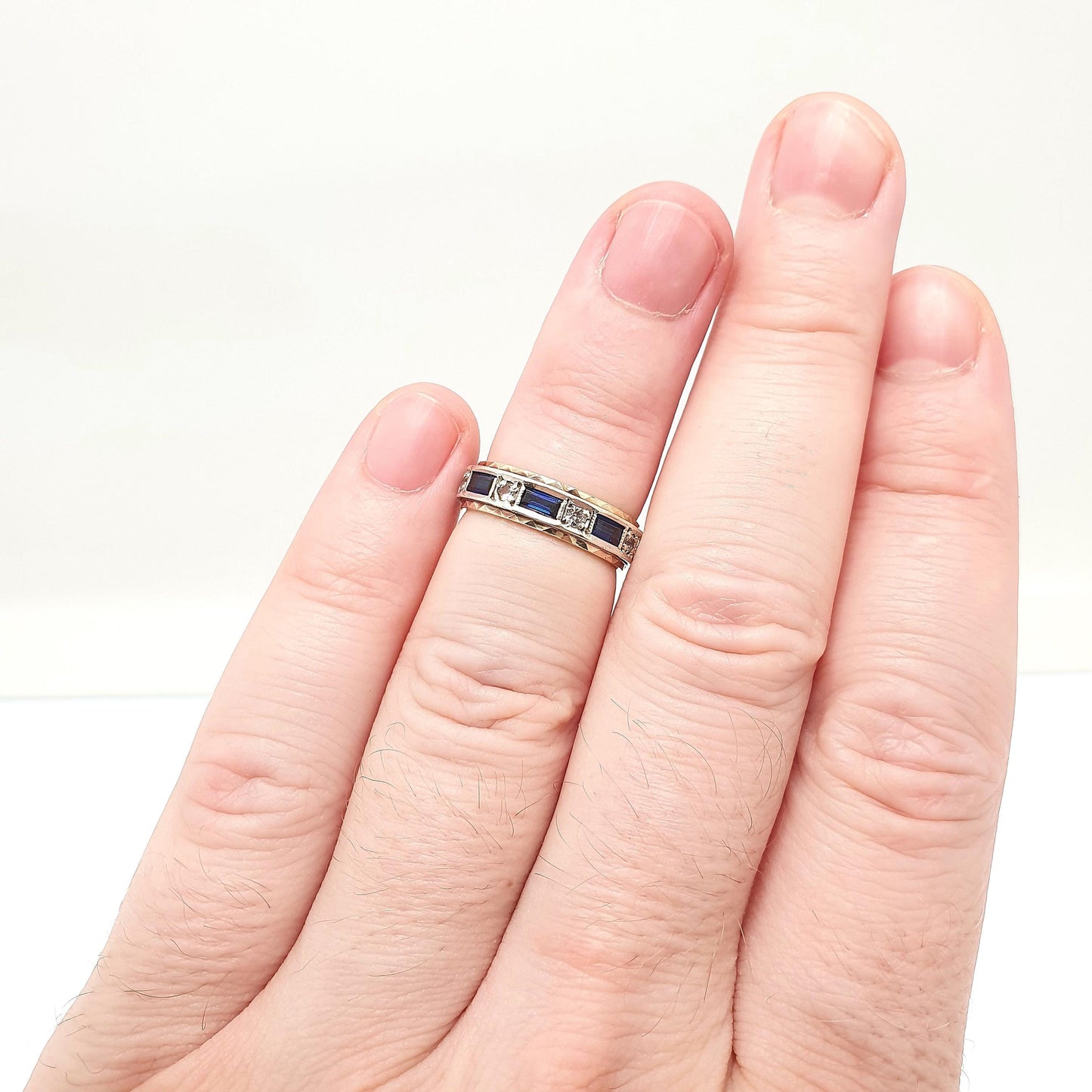 Vintage 9ct Gold Sapphire Eternity Ring White Spinel Baguette Cut Full Band Gemstone Solid 9k 375 Womens Jewelry Jewellery