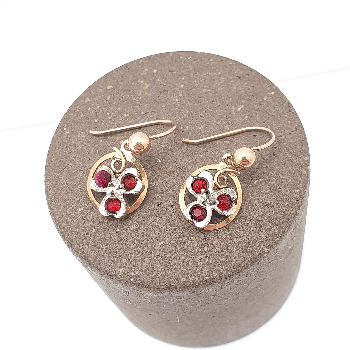 Antique 9ct 375 Gold Clover Earrings Ruby Paste Edwardian Solid Silver Solid 9k 9kt Hook Good Luck Lucky Vintage