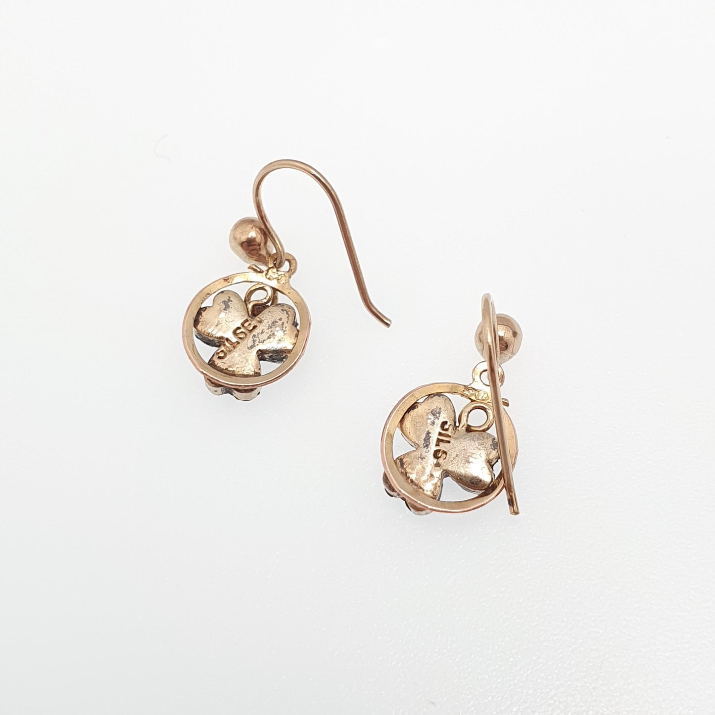 Antique 9ct 375 Gold Clover Earrings Ruby Paste Edwardian Solid Silver Solid 9k 9kt Hook Good Luck Lucky Vintage