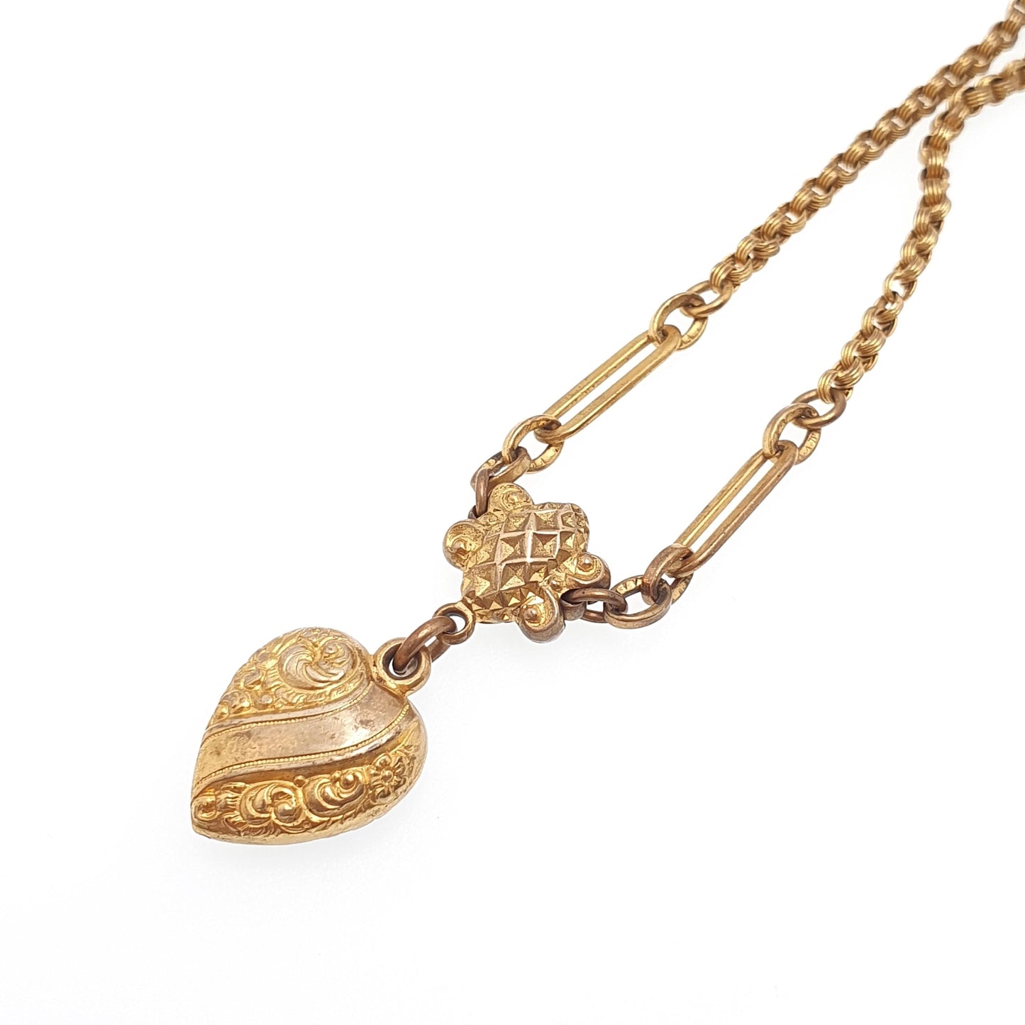 Antique Victorian Gold Gilt Heart Y Necklace Chain Pendant 45cm 17.7" Belcher Links Barrel Clasp 1800s Vintage Womens Jewelry Jewellery