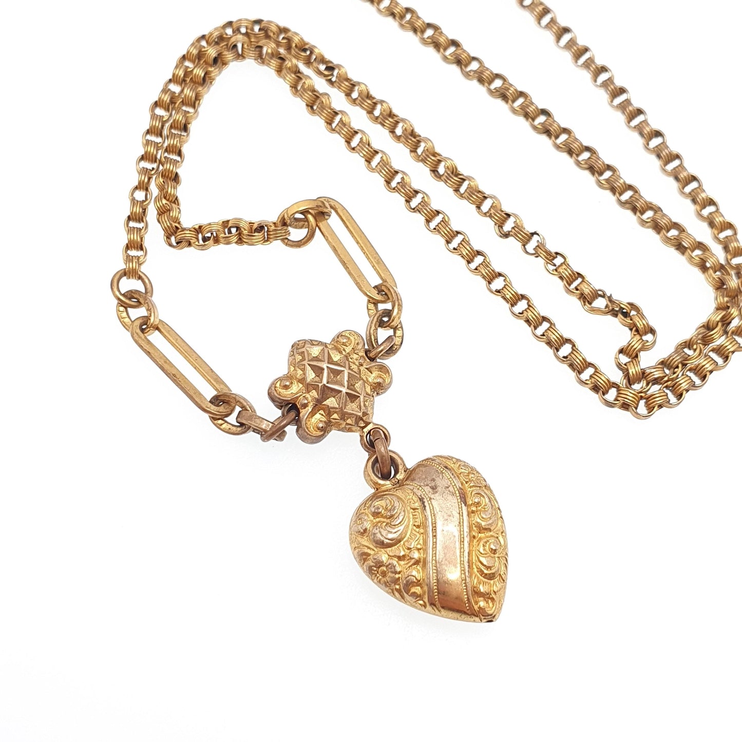 Antique Victorian Gold Gilt Heart Y Necklace Chain Pendant 45cm 17.7" Belcher Links Barrel Clasp 1800s Vintage Womens Jewelry Jewellery