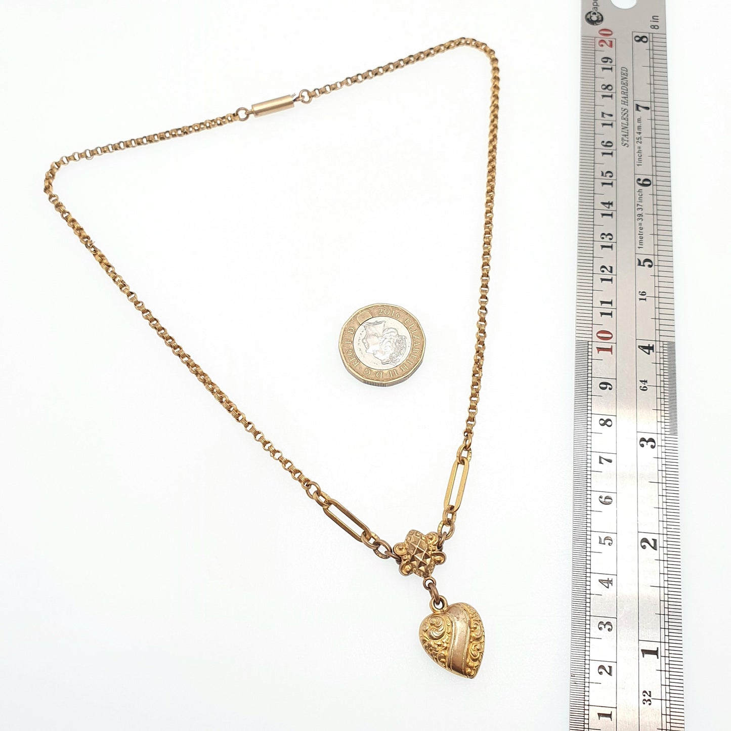 Antique Victorian Gold Gilt Heart Y Necklace Chain Pendant 45cm 17.7" Belcher Links Barrel Clasp 1800s Vintage Womens Jewelry Jewellery