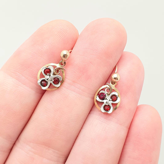 Antique 9ct 375 Gold Clover Earrings Ruby Paste Edwardian Solid Silver Solid 9k 9kt Hook Good Luck Lucky Vintage