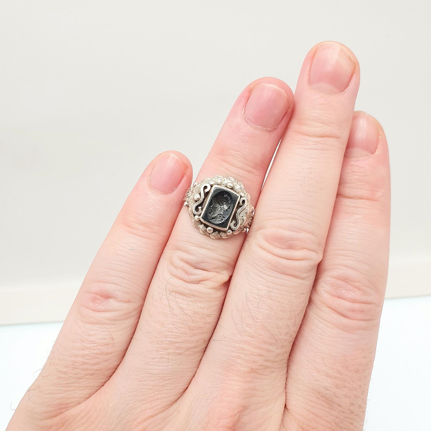 Antique Solid Silver Intaglio Signet Ring Hematite Centurion Hand Carved Gemstone 1920s Black Mens Womens
