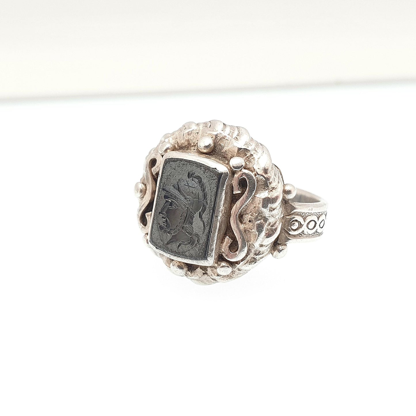 Antique Solid Silver Intaglio Signet Ring Hematite Centurion Hand Carved Gemstone 1920s Black Mens Womens