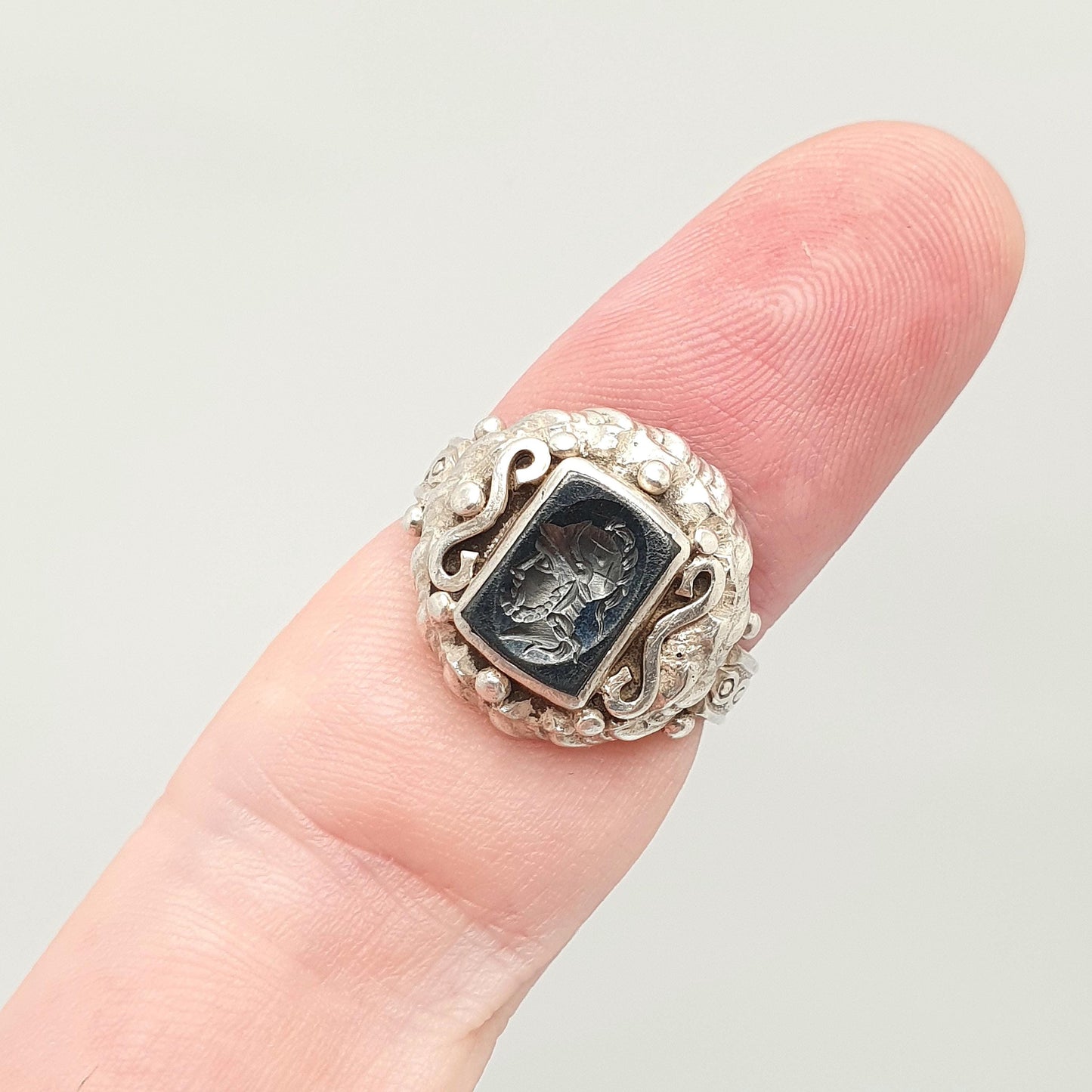 Antique Solid Silver Intaglio Signet Ring Hematite Centurion Hand Carved Gemstone 1920s Black Mens Womens