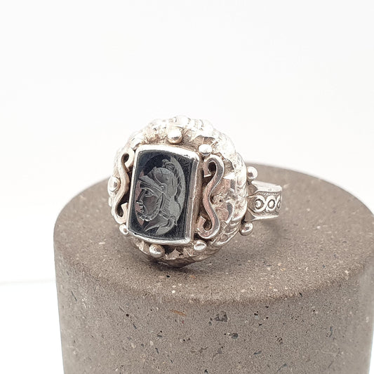 Antique Solid Silver Intaglio Signet Ring Hematite Centurion Hand Carved Gemstone 1920s Black Mens Womens