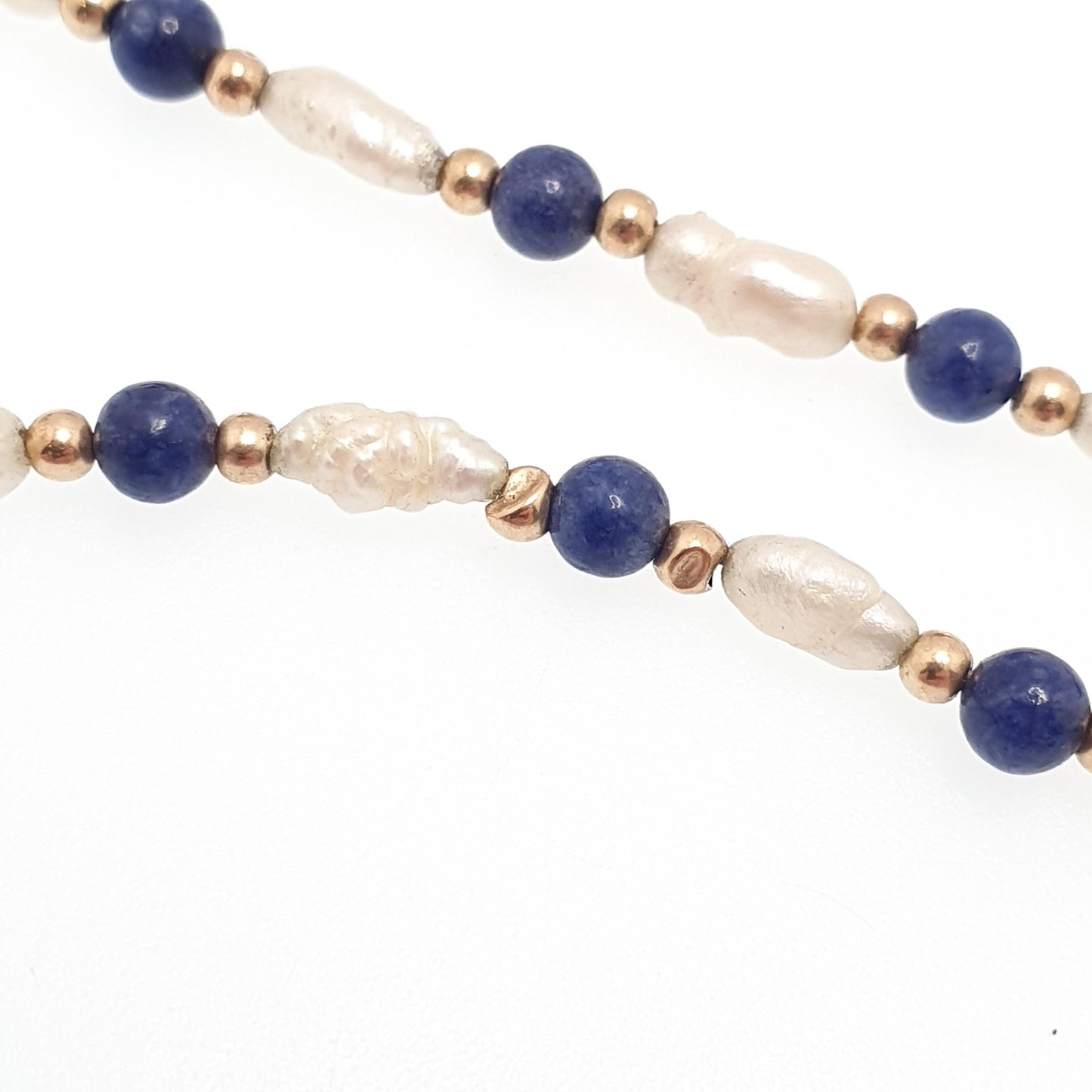 Vintage 9ct Gold Lapis Lazuli Bead Necklace Freshwater Pearl Solid 9k 375 9kt Blue Gemstone 40cm 15.7" 6.21g Womens