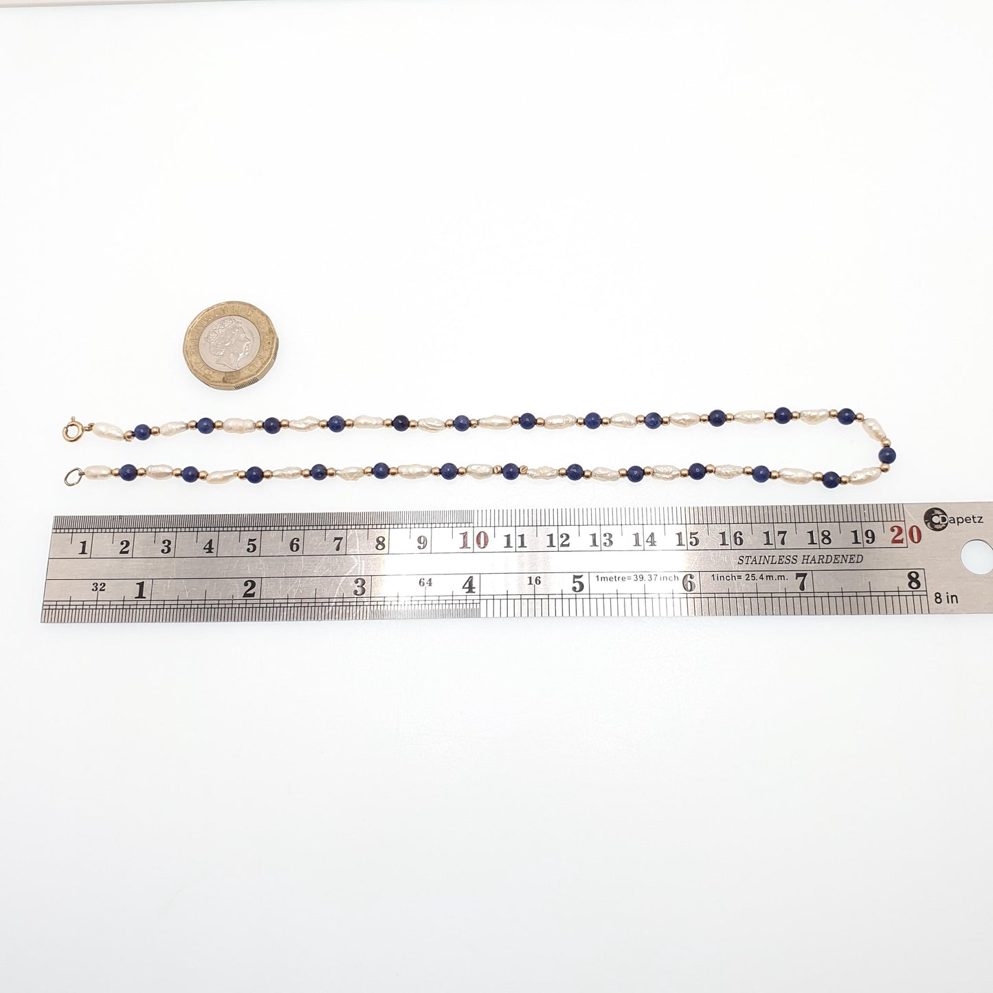 Vintage 9ct Gold Lapis Lazuli Bead Necklace Freshwater Pearl Solid 9k 375 9kt Blue Gemstone 40cm 15.7" 6.21g Womens