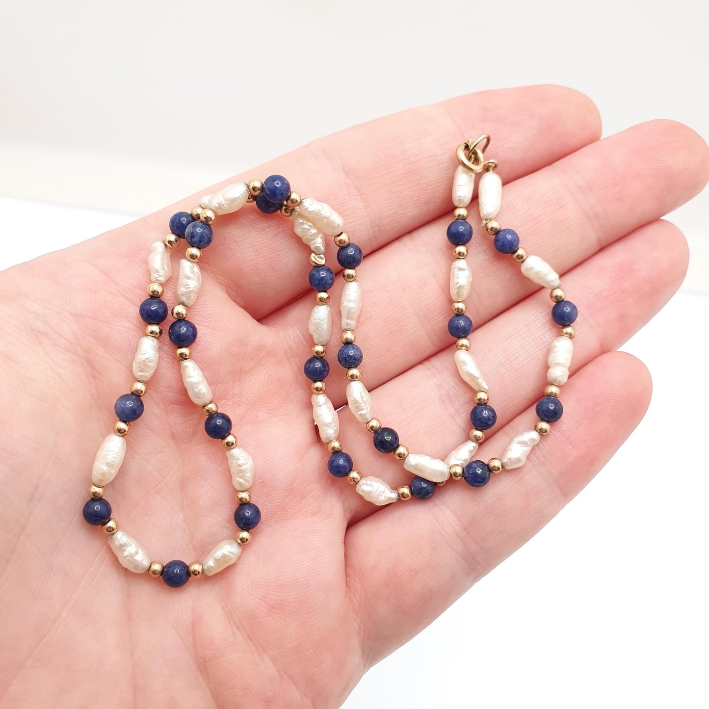 Vintage 9ct Gold Lapis Lazuli Bead Necklace Freshwater Pearl Solid 9k 375 9kt Blue Gemstone 40cm 15.7" 6.21g Womens