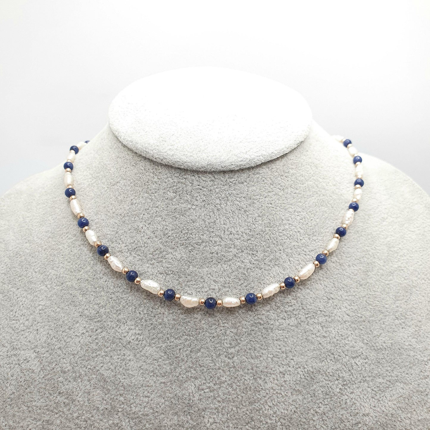 Vintage 9ct Gold Lapis Lazuli Bead Necklace Freshwater Pearl Solid 9k 375 9kt Blue Gemstone 40cm 15.7" 6.21g Womens