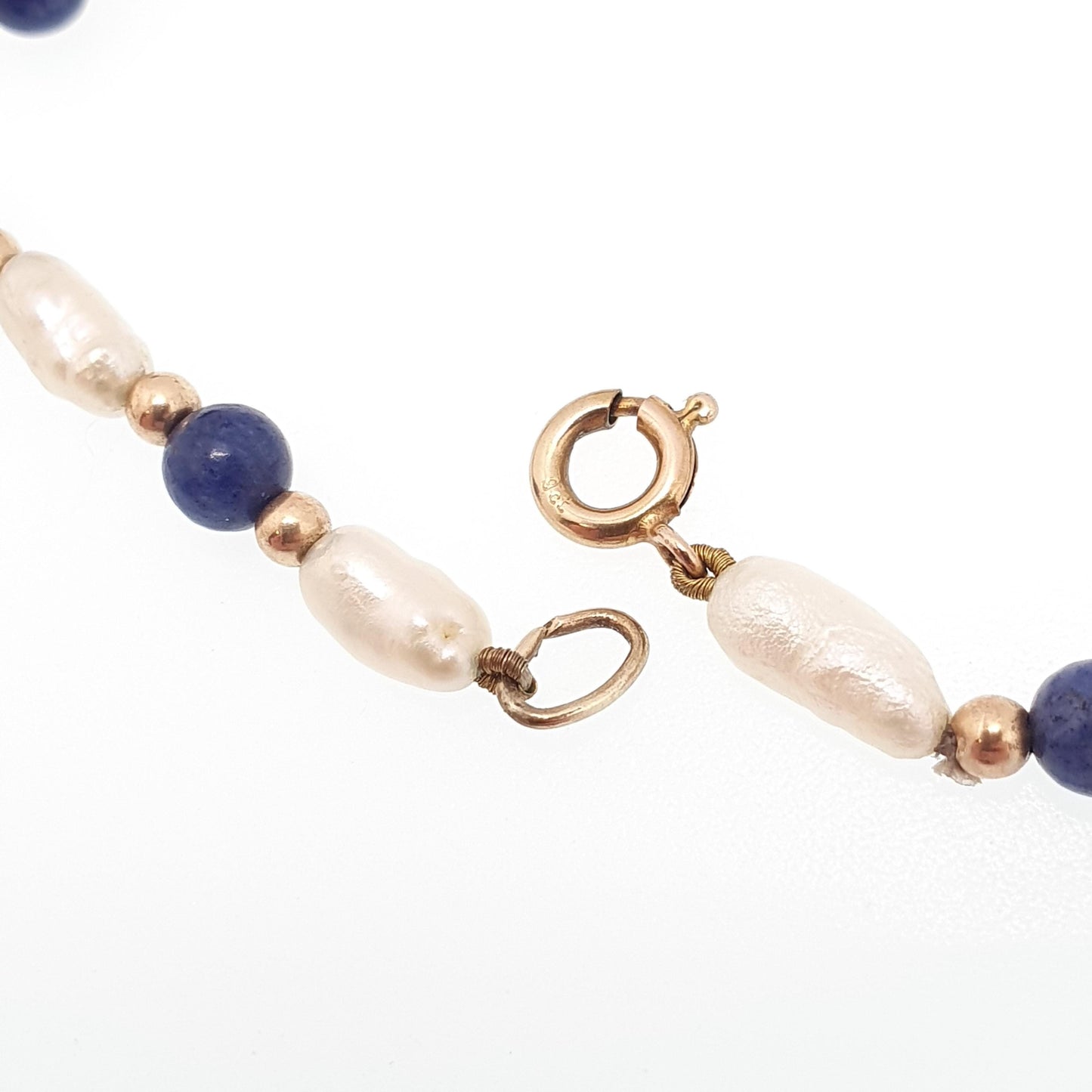 Vintage 9ct Gold Lapis Lazuli Bead Necklace Freshwater Pearl Solid 9k 375 9kt Blue Gemstone 40cm 15.7" 6.21g Womens