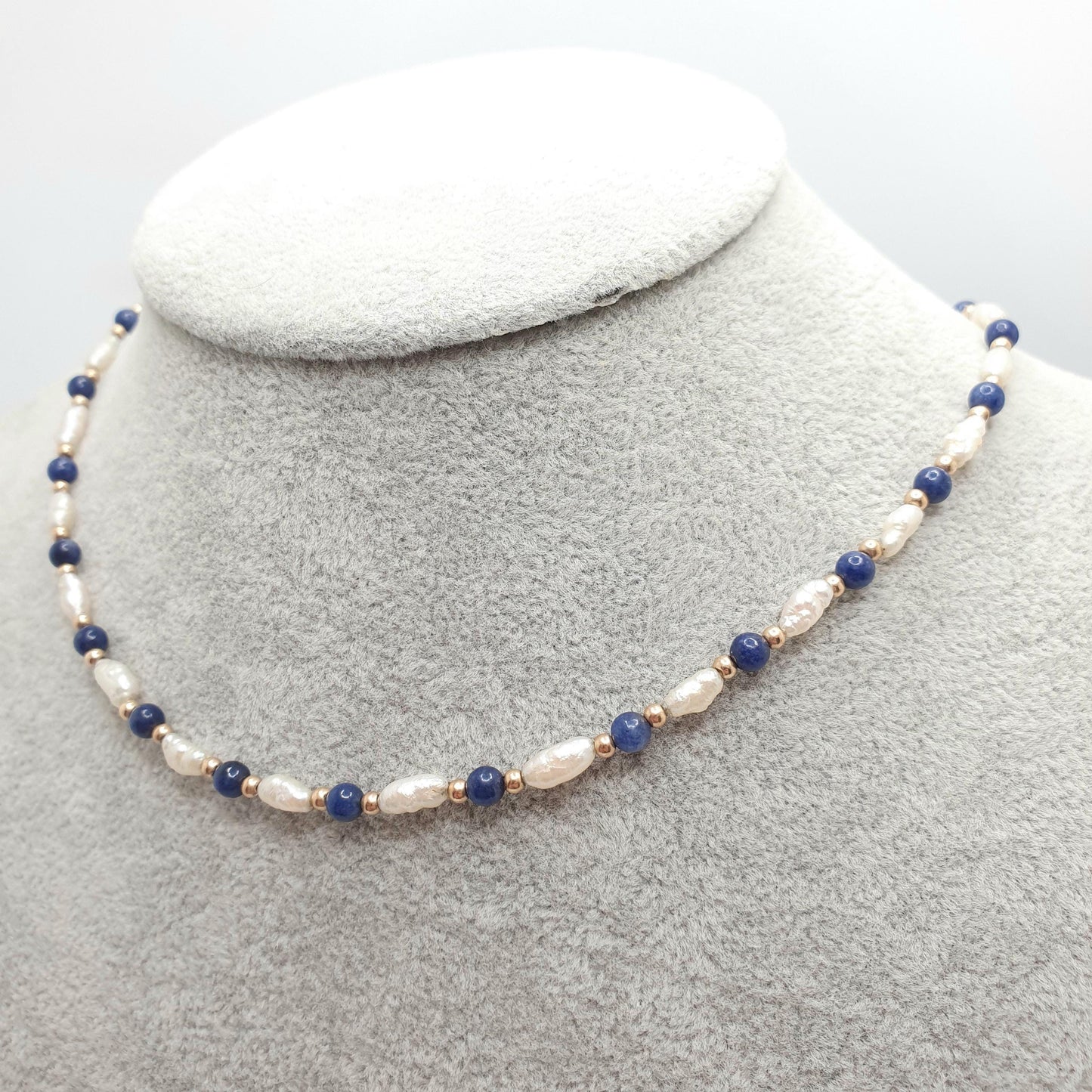 Vintage 9ct Gold Lapis Lazuli Bead Necklace Freshwater Pearl Solid 9k 375 9kt Blue Gemstone 40cm 15.7" 6.21g Womens
