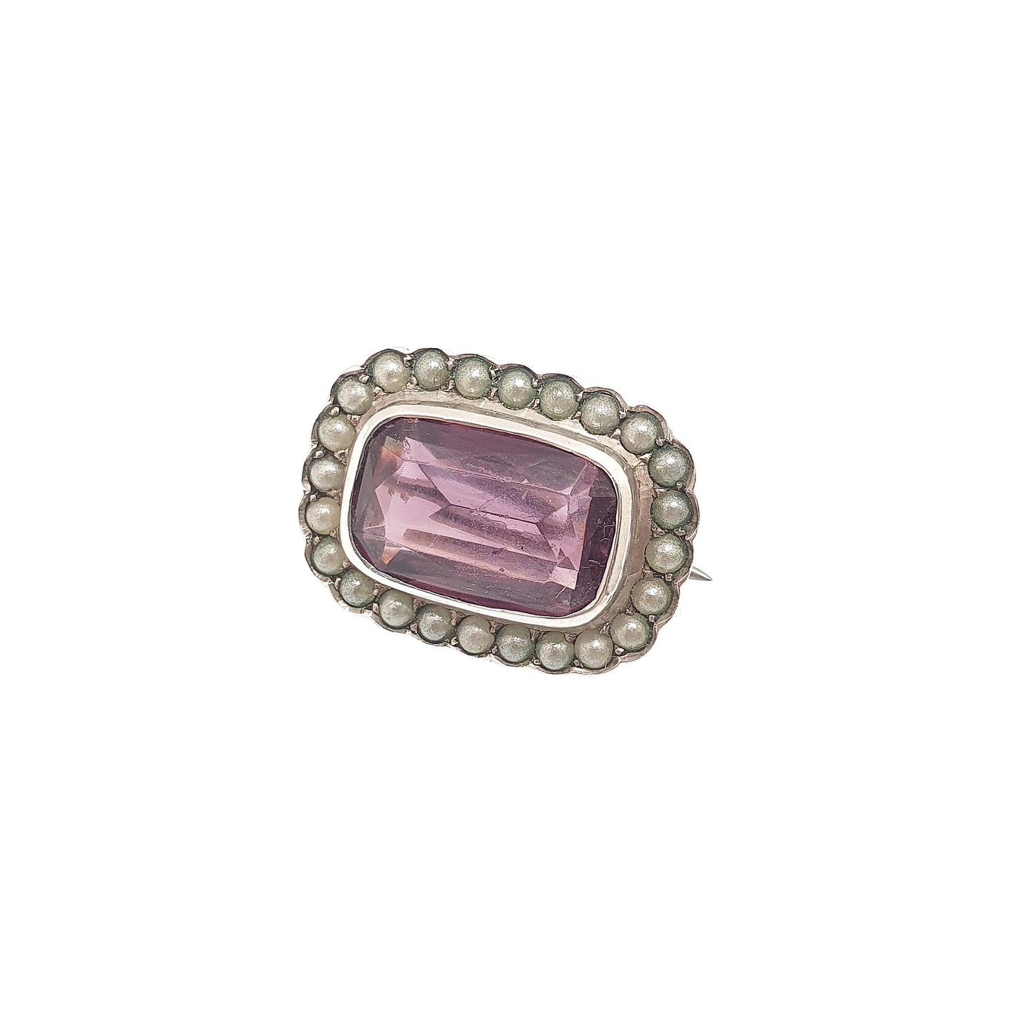 Antique Solid Silver Amethyst Paste Brooch Victorian Seed Pearl Rectangular 1800s Vintage Womens Jewelry Jewellery