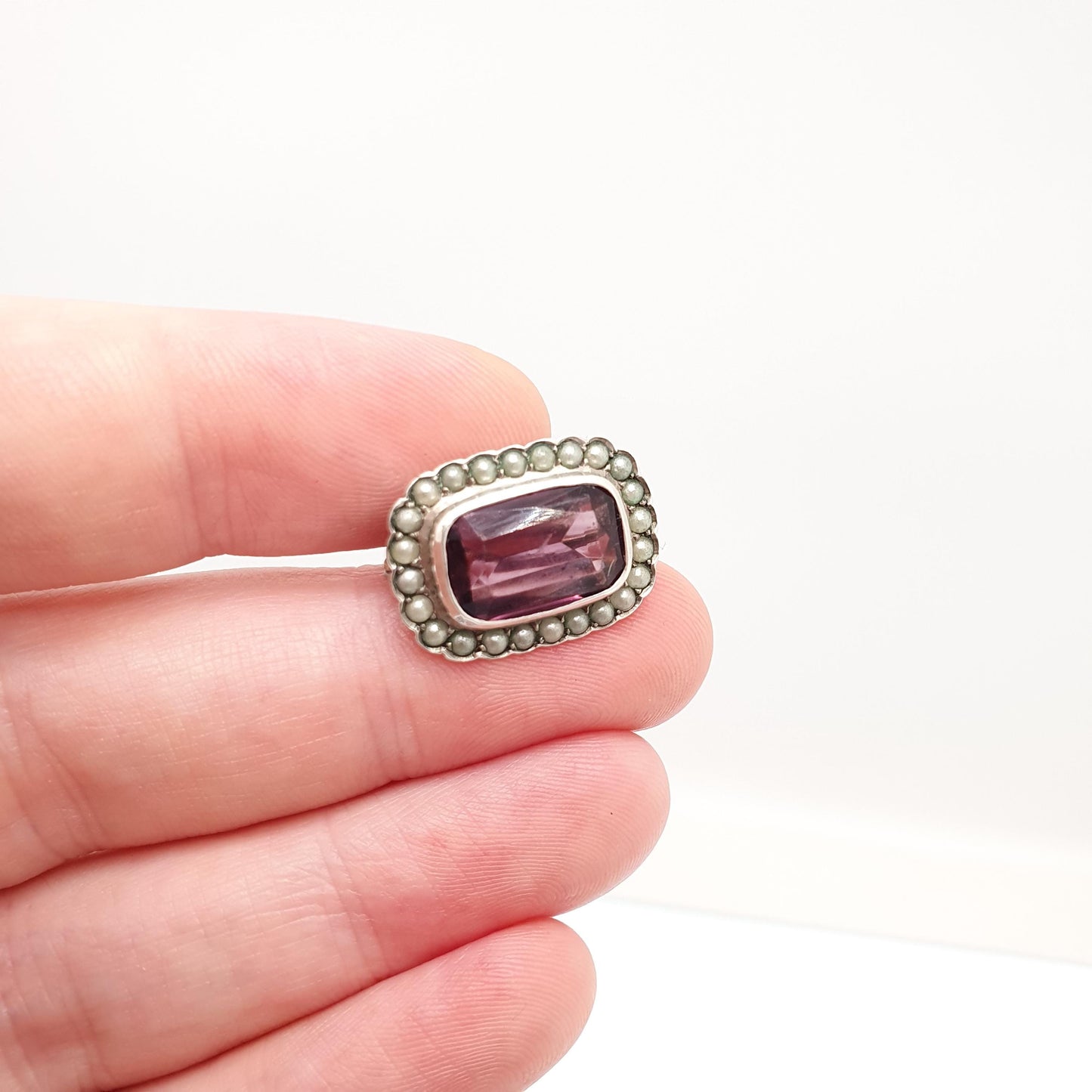 Antique Solid Silver Amethyst Paste Brooch Victorian Seed Pearl Rectangular 1800s Vintage Womens Jewelry Jewellery
