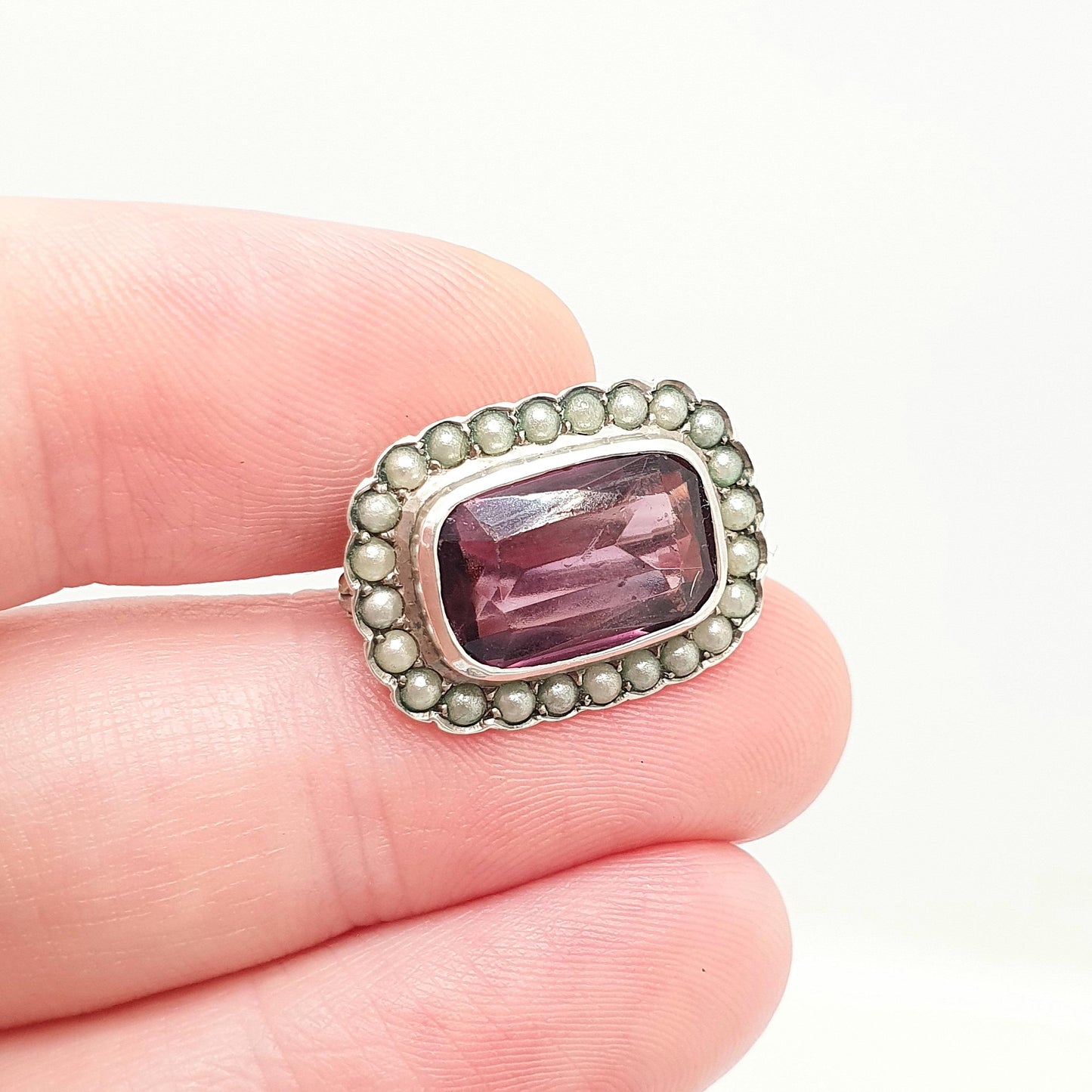 Antique Solid Silver Amethyst Paste Brooch Victorian Seed Pearl Rectangular 1800s Vintage Womens Jewelry Jewellery