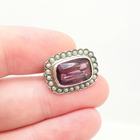 Antique Solid Silver Amethyst Paste Brooch Victorian Seed Pearl Rectangular 1800s Vintage Womens Jewelry Jewellery