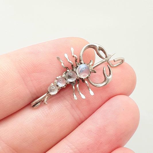 Antique Solid Silver Moonstone Scorpion Brooch Scorpio Victorian Natural Genuine Gemstones Vintage Arachnid Insect Gift Jewelry Jewellery