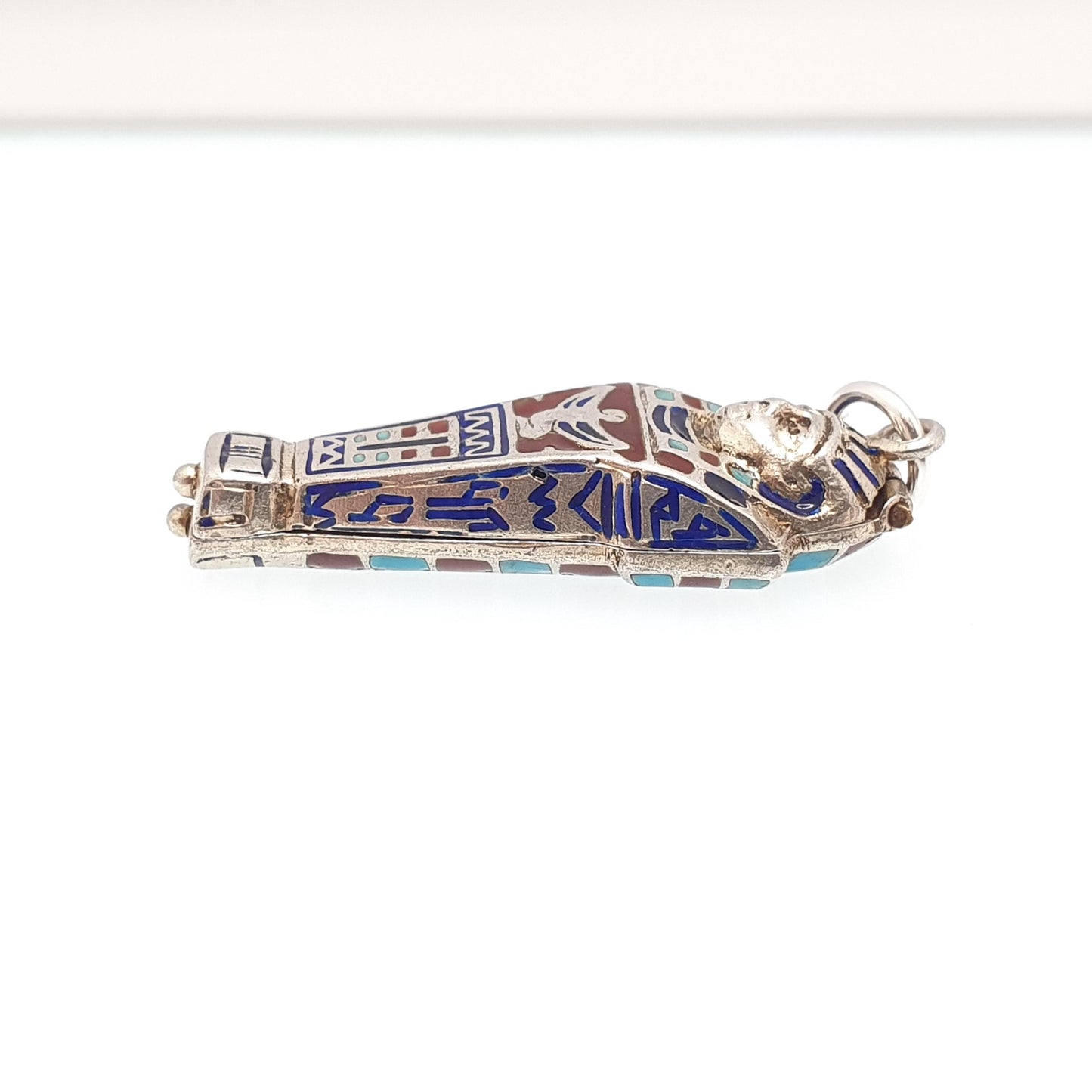 Antique Solid Silver Sarcophagus Charm Pendant Enamel Large Egyptian Revival Necklace Locket Pharaoh Art Deco 1920s