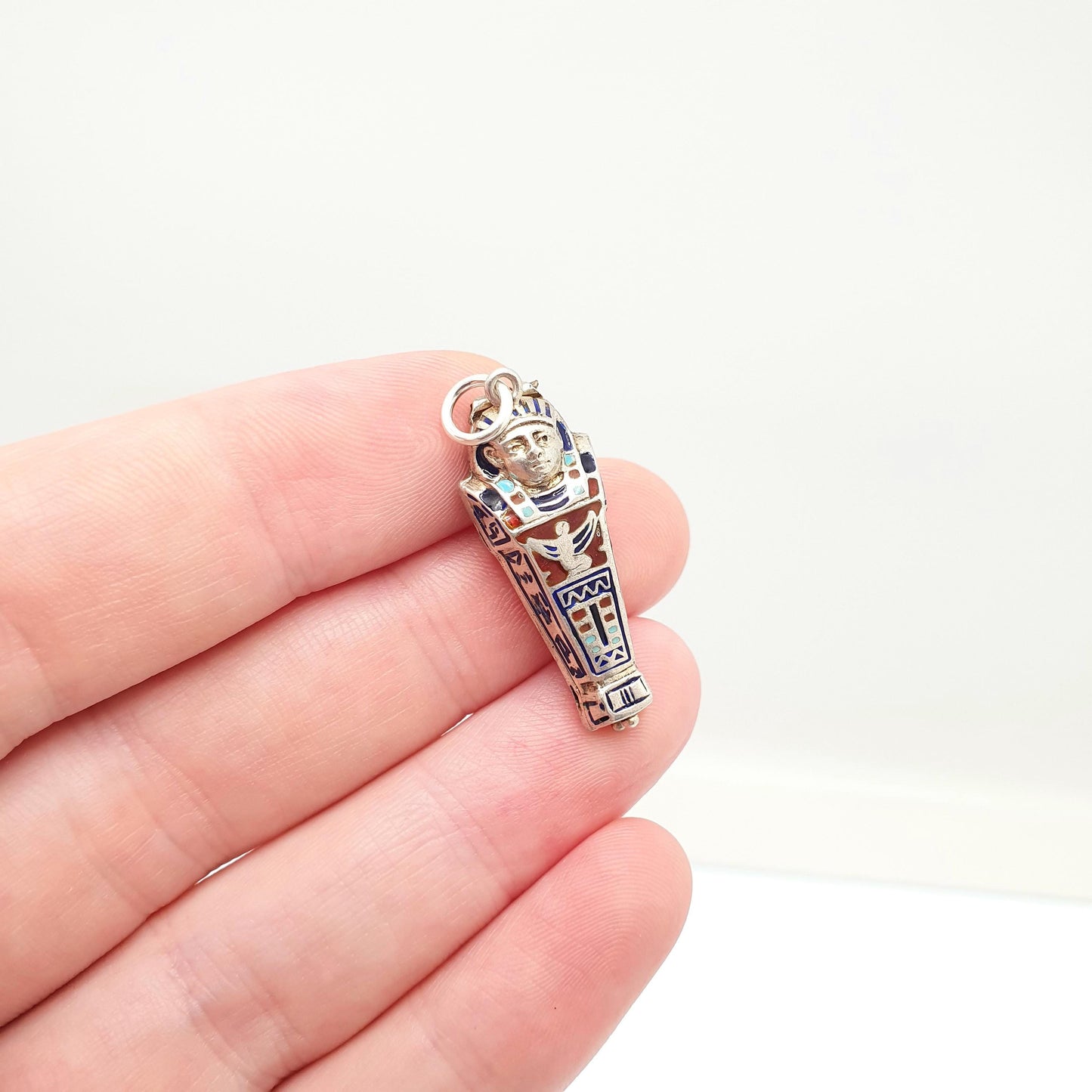 Antique Solid Silver Sarcophagus Charm Pendant Enamel Large Egyptian Revival Necklace Locket Pharaoh Art Deco 1920s