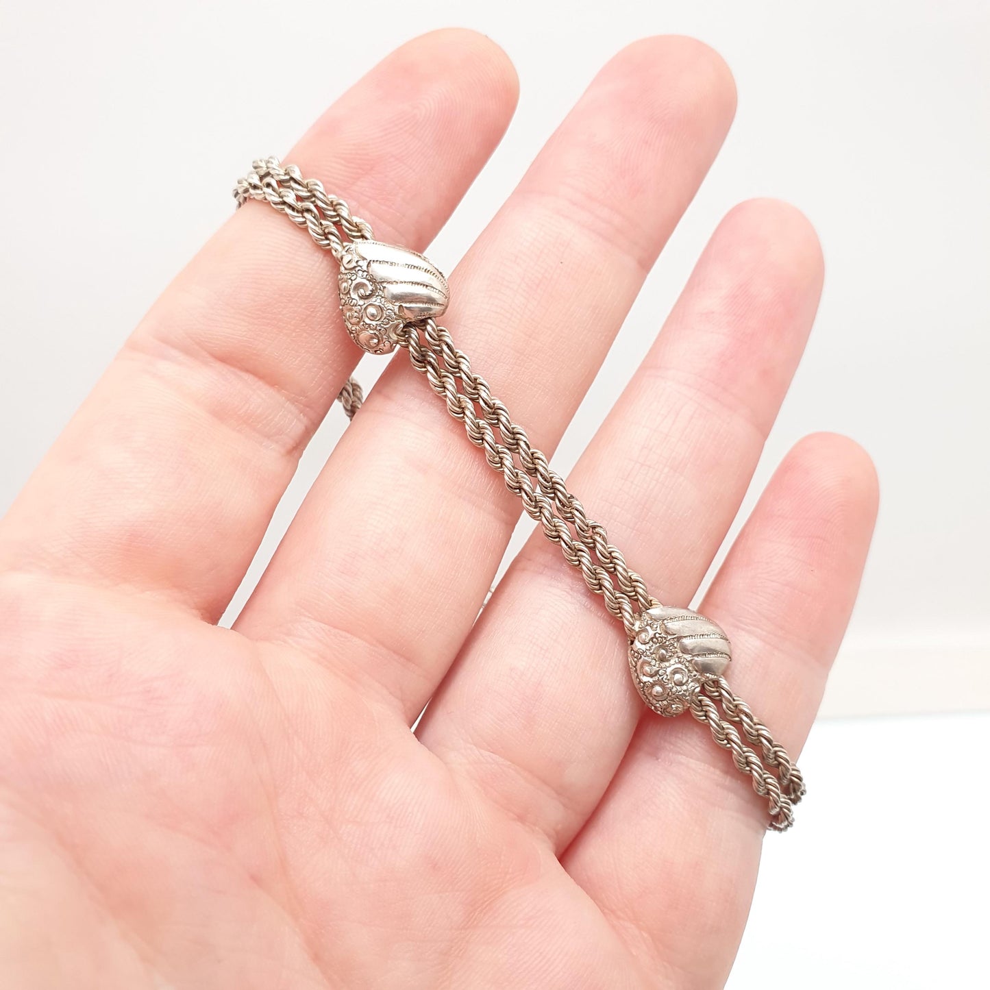 Antique Solid Silver Albertina Bracelet Victorian Heart Centre Rope Link Chain 9.58g 20cm Vintage Womens Jewelry Jewellery