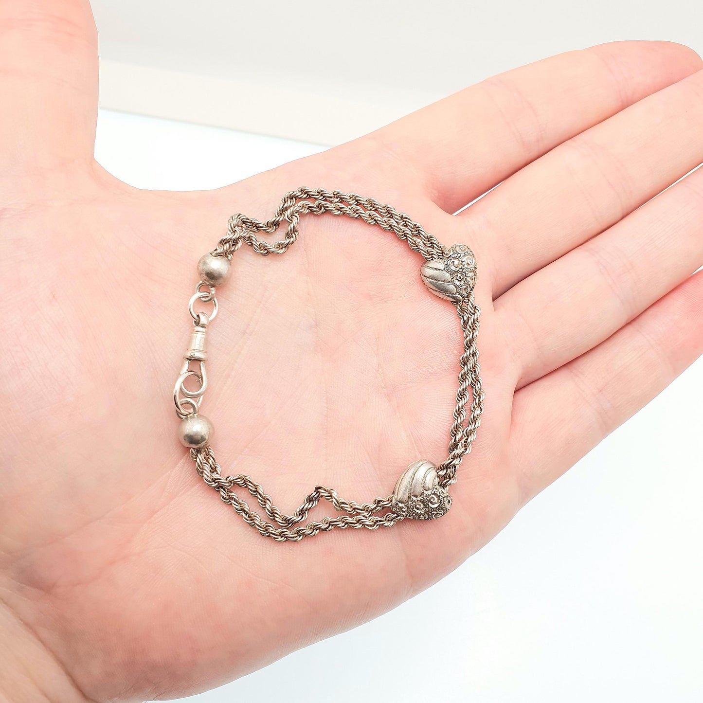 Antique Solid Silver Albertina Bracelet Victorian Heart Centre Rope Link Chain 9.58g 20cm Vintage Womens Jewelry Jewellery