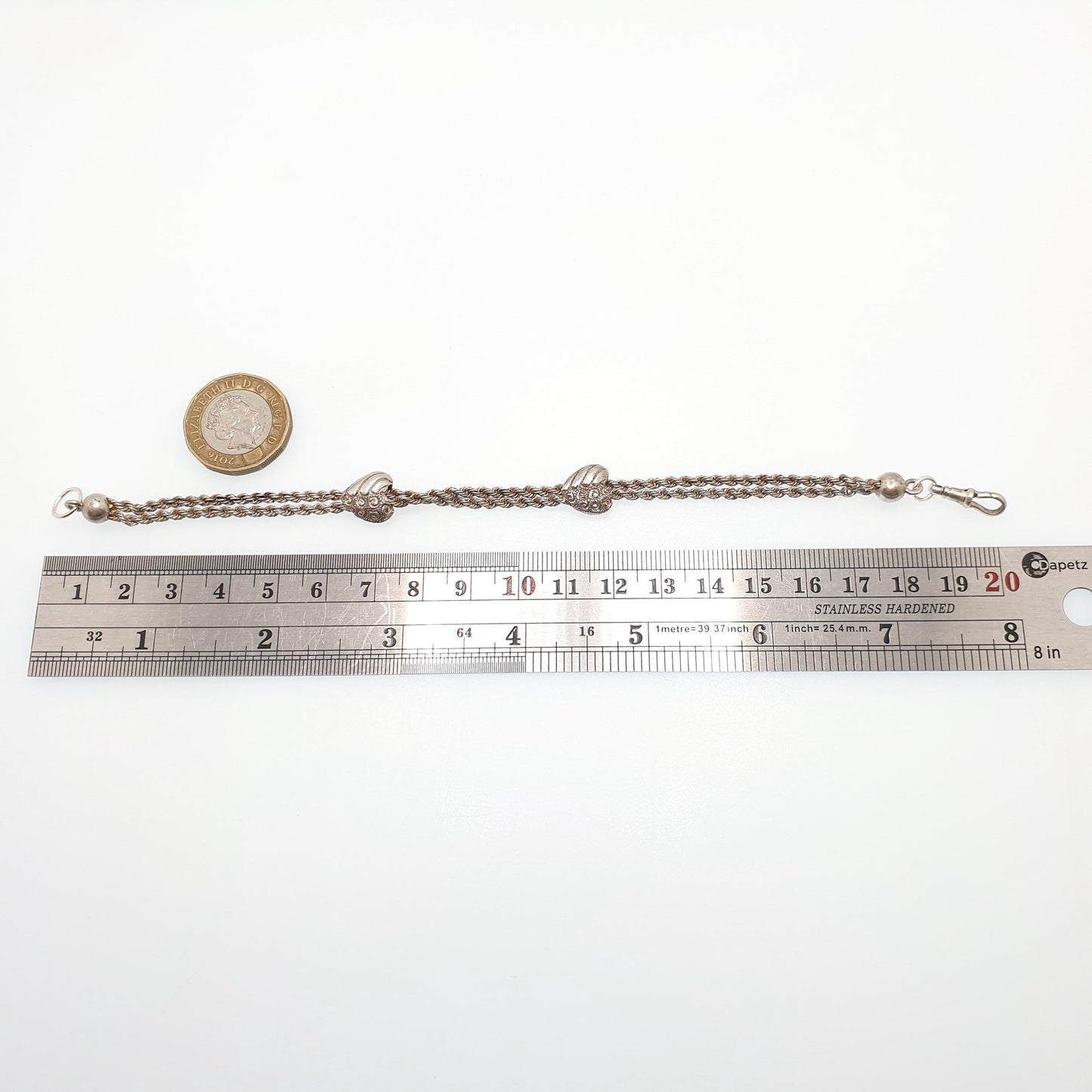 Antique Solid Silver Albertina Bracelet Victorian Heart Centre Rope Link Chain 9.58g 20cm Vintage Womens Jewelry Jewellery