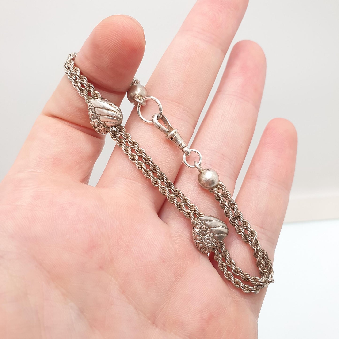 Antique Solid Silver Albertina Bracelet Victorian Heart Centre Rope Link Chain 9.58g 20cm Vintage Womens Jewelry Jewellery