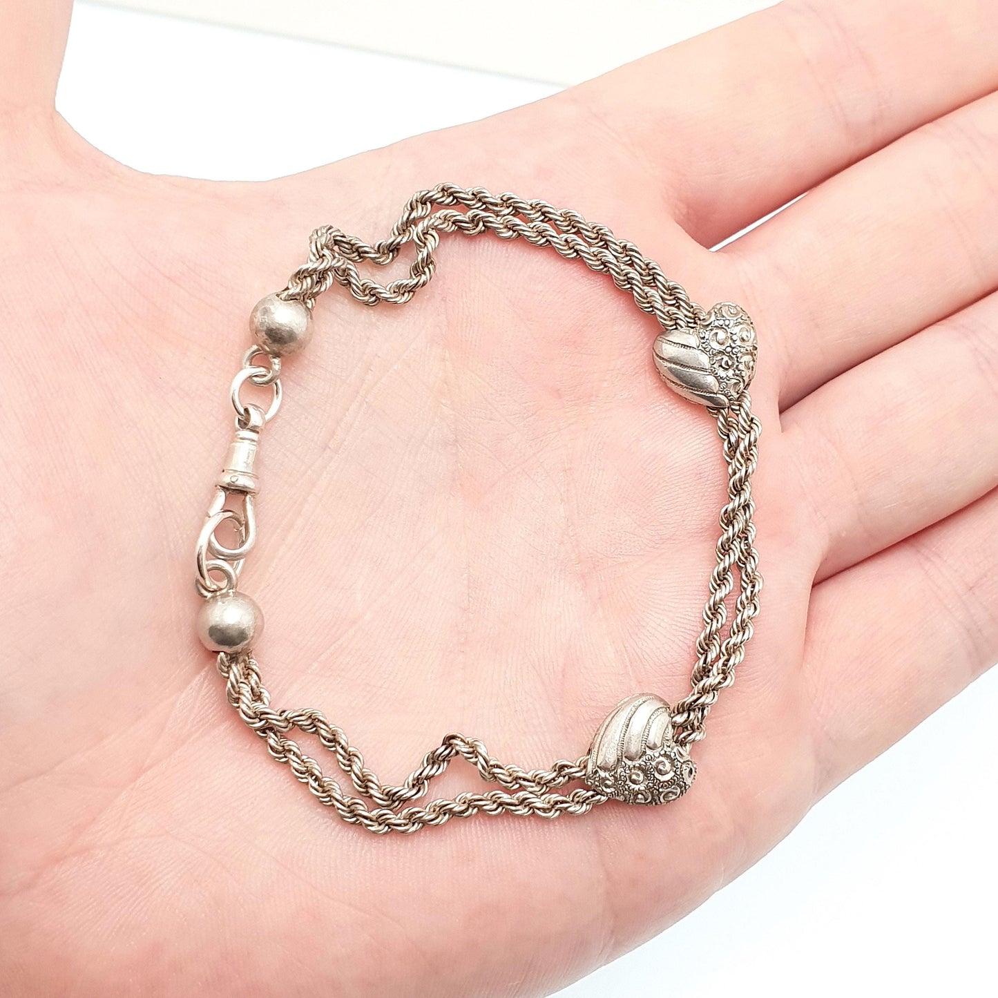 Antique Solid Silver Albertina Bracelet Victorian Heart Centre Rope Link Chain 9.58g 20cm Vintage Womens Jewelry Jewellery