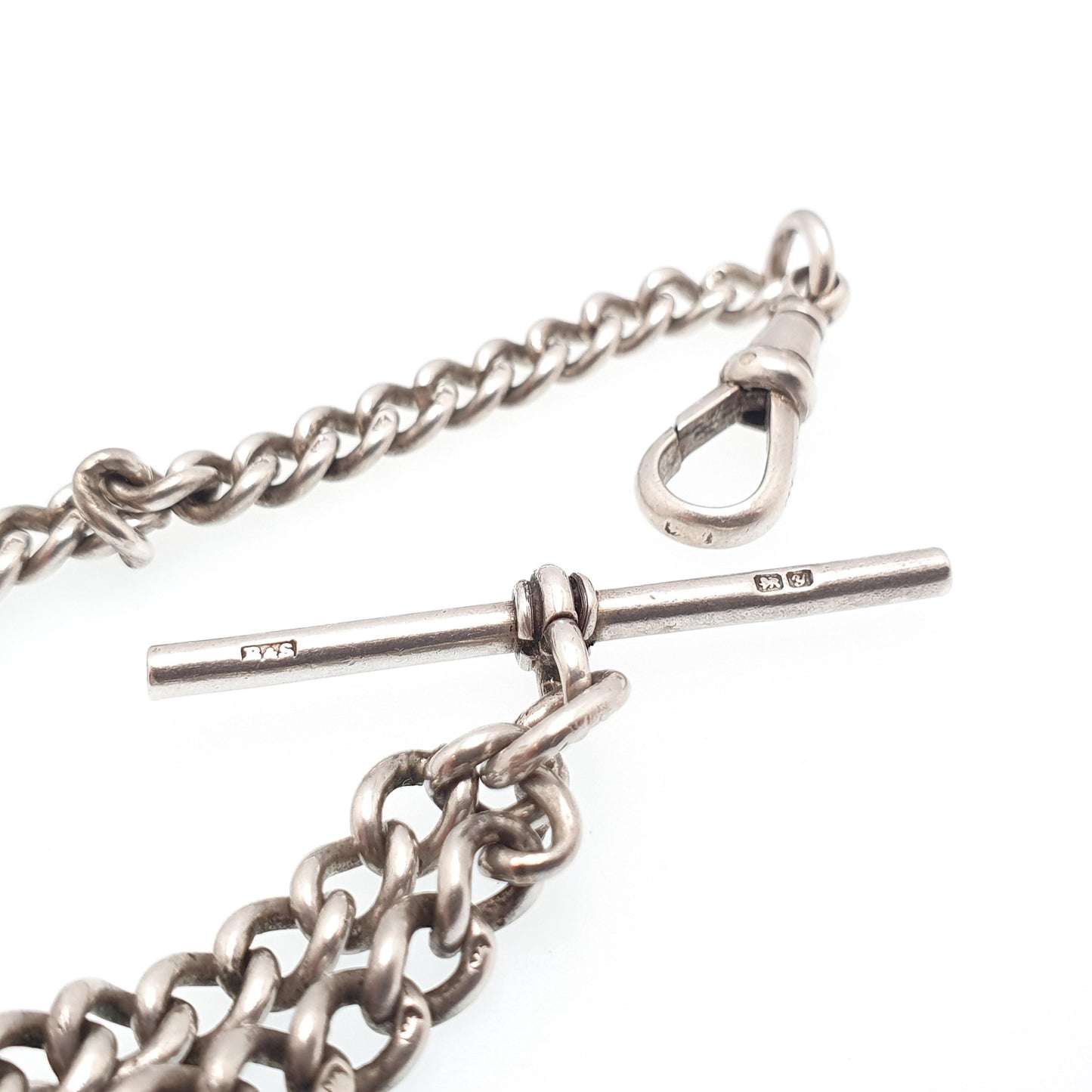 Antique Victorian Sterling Silver Albert Chain T Bar Necklace Curb Link Dog Clip 40cm 15.7" 31.80g Hallmark Vintage Jewelry Womens