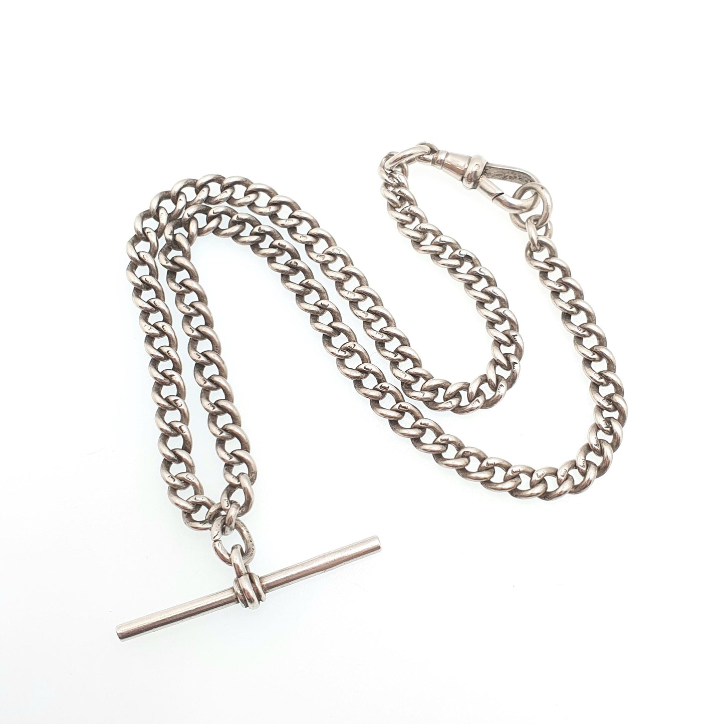Antique Victorian Sterling Silver Albert Chain T Bar Necklace Curb Link Dog Clip 40cm 15.7" 31.80g Hallmark Vintage Jewelry Womens