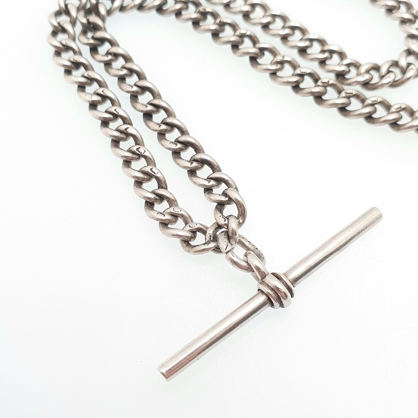 Antique Victorian Sterling Silver Albert Chain T Bar Necklace Curb Link Dog Clip 40cm 15.7" 31.80g Hallmark Vintage Jewelry Womens