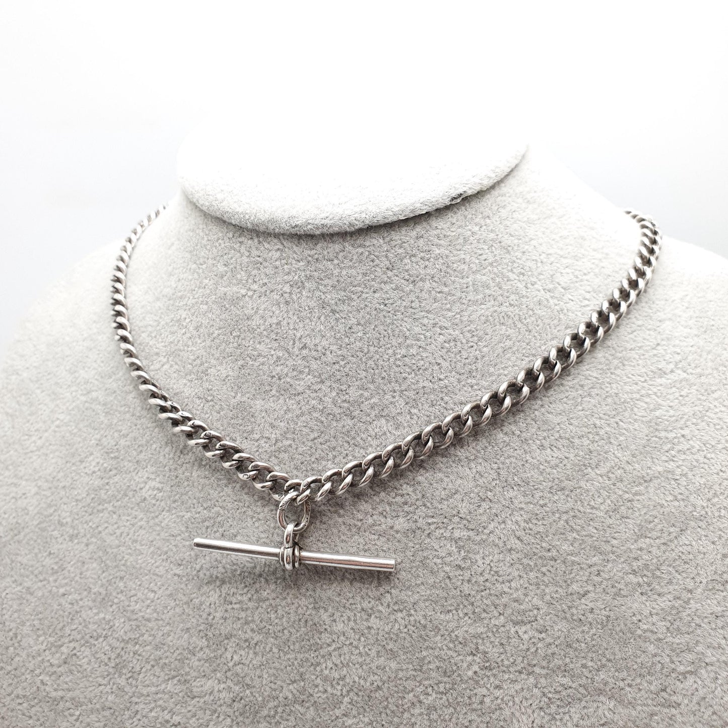 Antique Victorian Sterling Silver Albert Chain T Bar Necklace Curb Link Dog Clip 40cm 15.7" 31.80g Hallmark Vintage Jewelry Womens