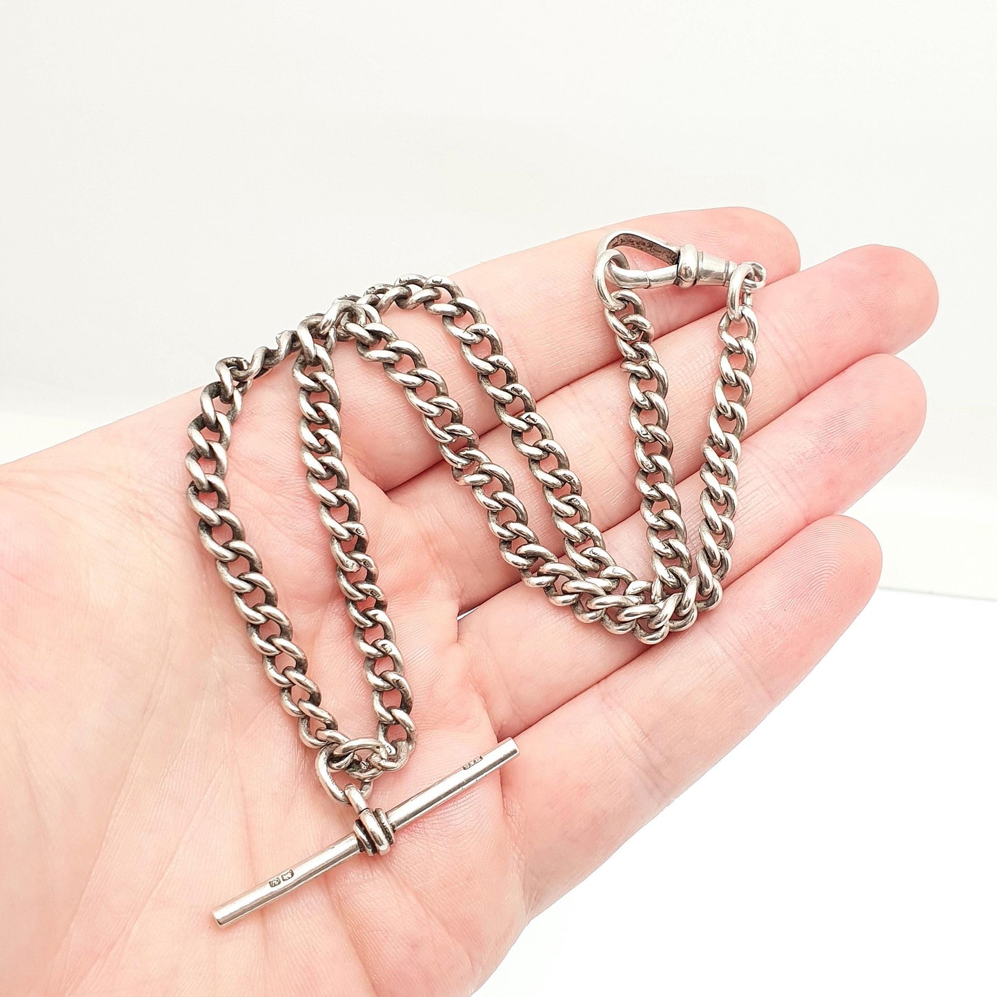 Antique Victorian Sterling Silver Albert Chain T Bar Necklace Curb Link Dog Clip 40cm 15.7" 31.80g Hallmark Vintage Jewelry Womens