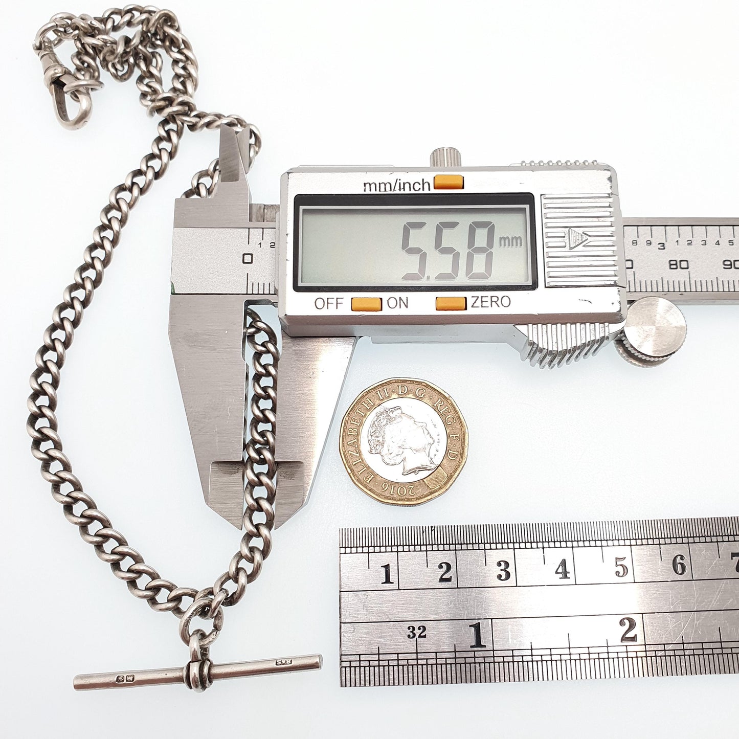 Antique Victorian Sterling Silver Albert Chain T Bar Necklace Curb Link Dog Clip 40cm 15.7" 31.80g Hallmark Vintage Jewelry Womens