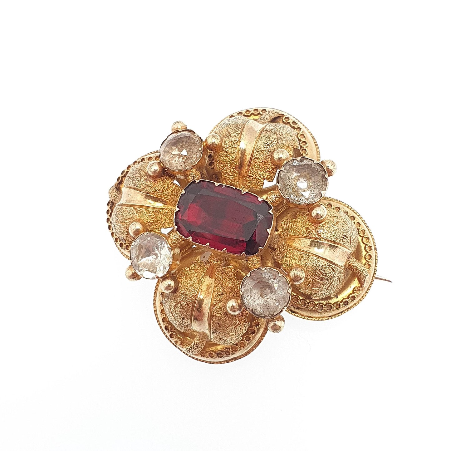 Antique Georgian 15ct Gold Garnet Brooch White Quartz Pin Solid 15kt 625 Etruscan Foiled Gemstones Vintage