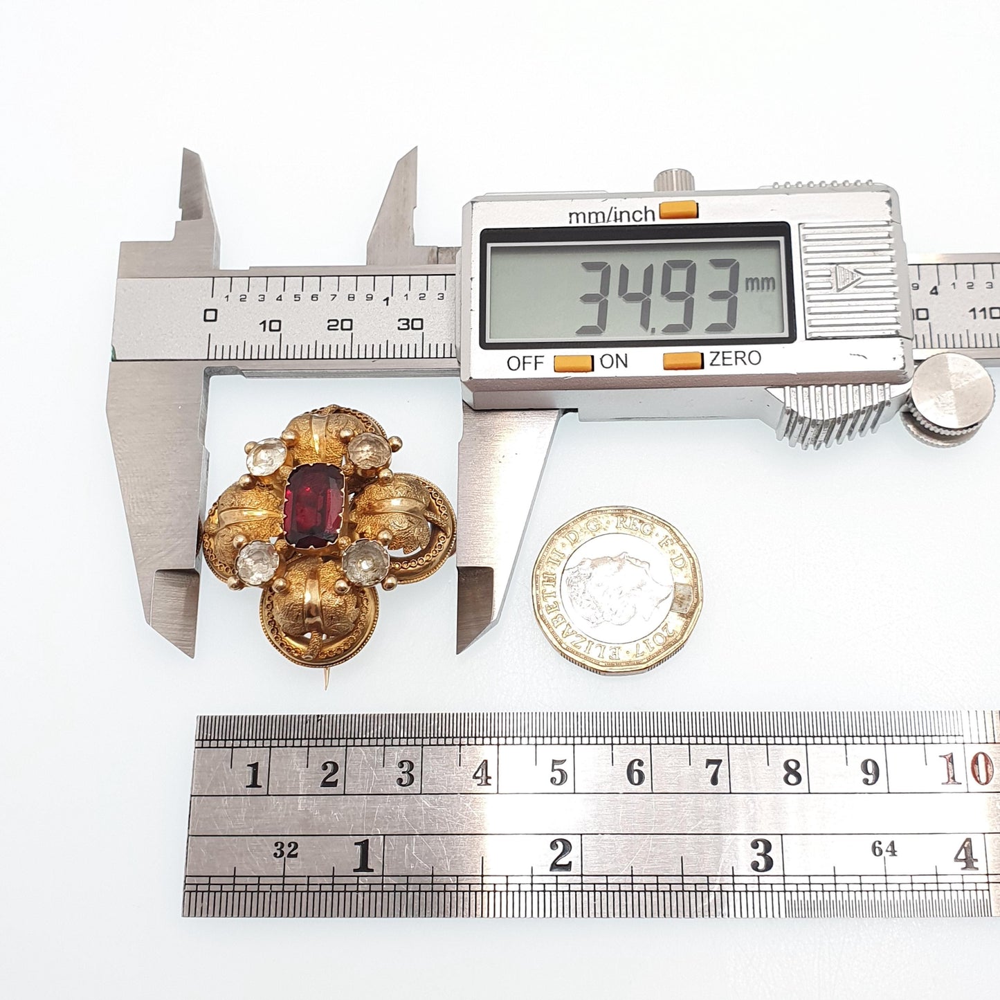 Antique Georgian 15ct Gold Garnet Brooch White Quartz Pin Solid 15kt 625 Etruscan Foiled Gemstones Vintage