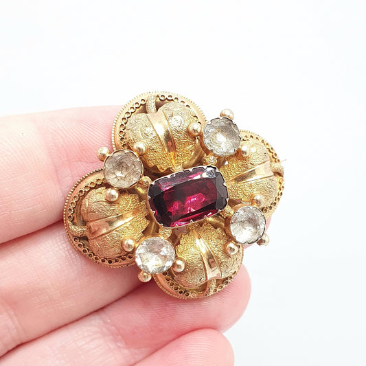 Antique Georgian 15ct Gold Garnet Brooch White Quartz Pin Solid 15kt 625 Etruscan Foiled Gemstones Vintage
