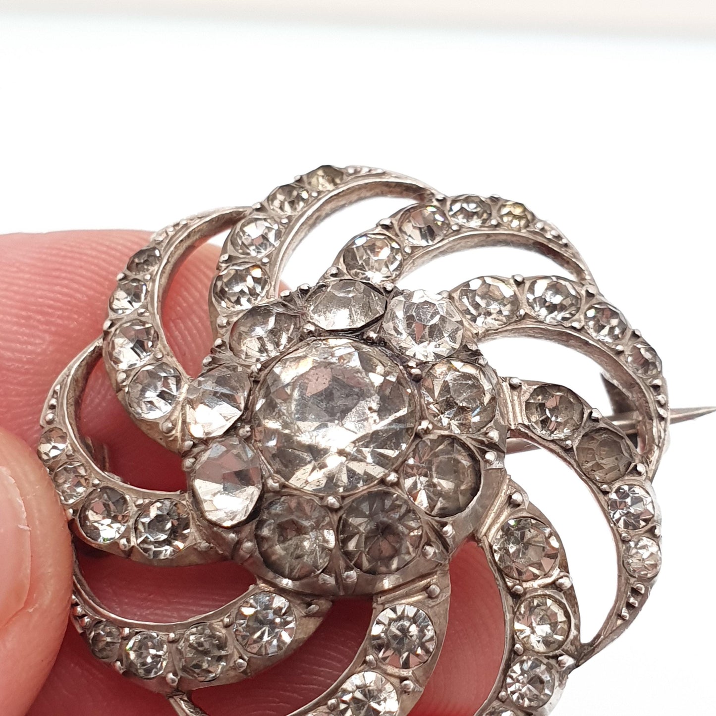 Antique Diamond Paste Solid Silver Brooch Victorian Spiral Swirl PARISIAN DIAMOND COMPANY Vintage Jewelry Jewellery