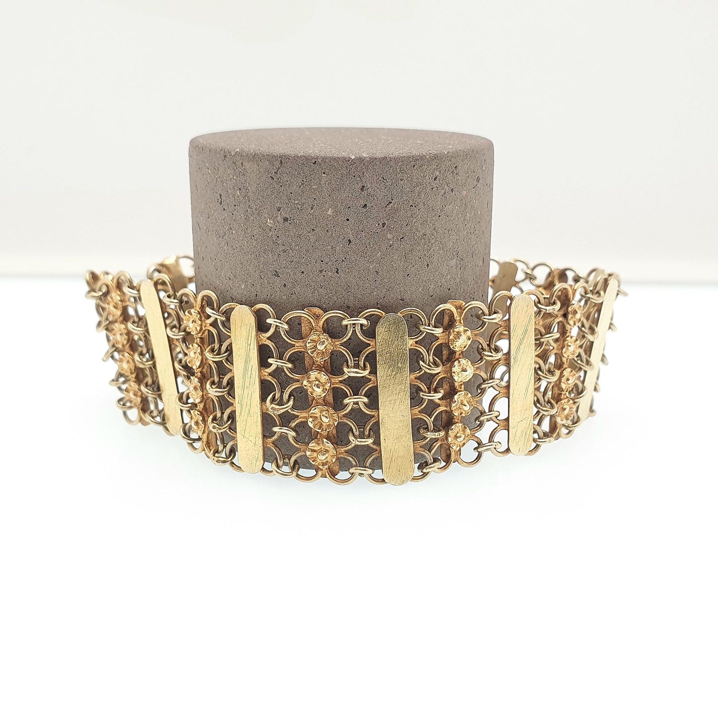 Antique Victorian Gold on Solid Silver Bracelet Gate Link Chainmail Indian Style 25.52g 19cm Flower Womens Jewelry Retro Jewellery