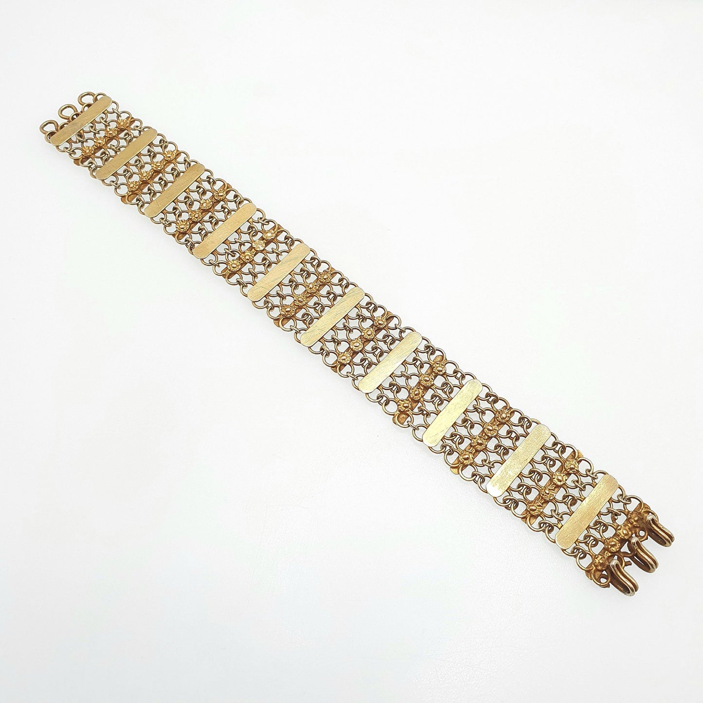 Antique Victorian Gold on Solid Silver Bracelet Gate Link Chainmail Indian Style 25.52g 19cm Flower Womens Jewelry Retro Jewellery