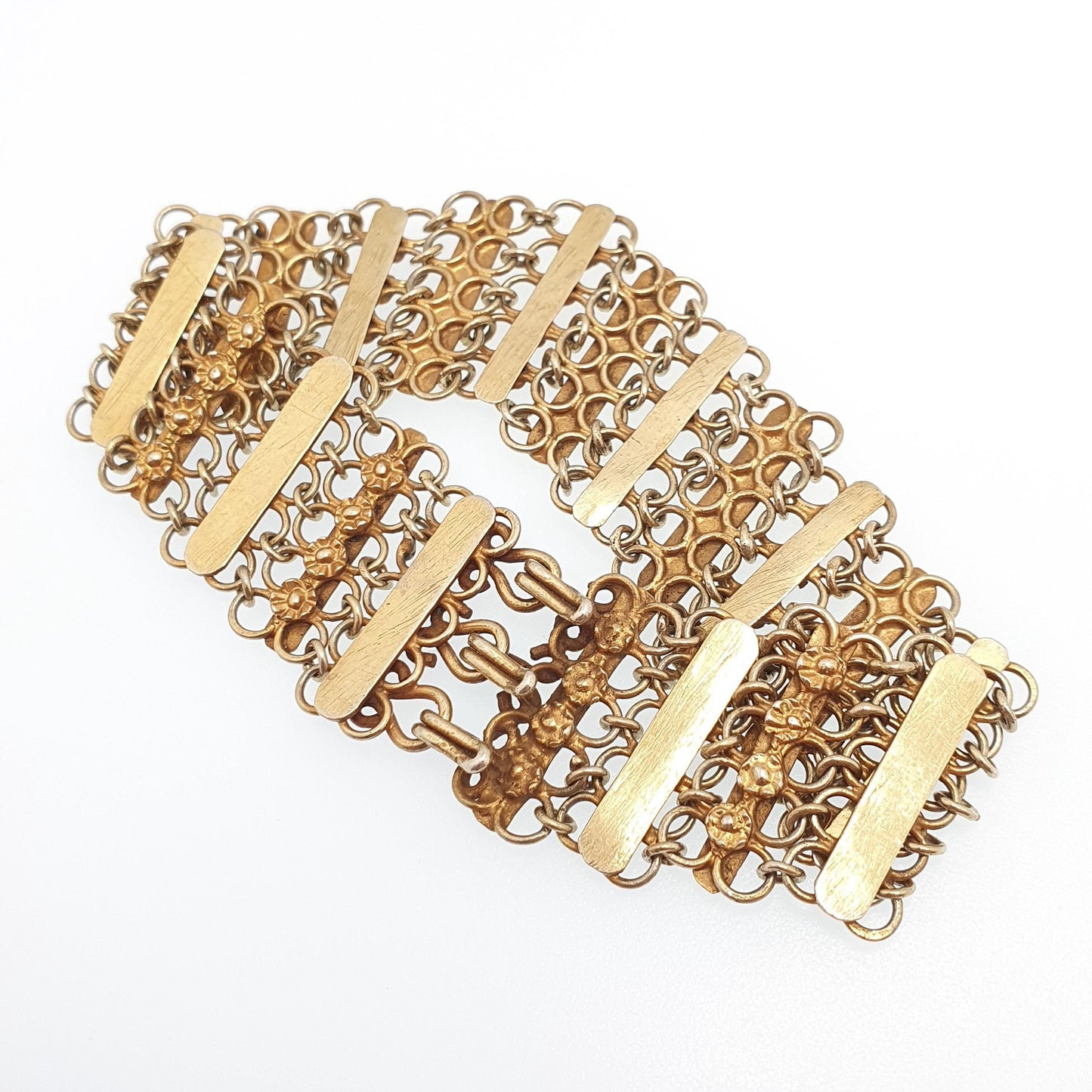 Antique Victorian Gold on Solid Silver Bracelet Gate Link Chainmail Indian Style 25.52g 19cm Flower Womens Jewelry Retro Jewellery
