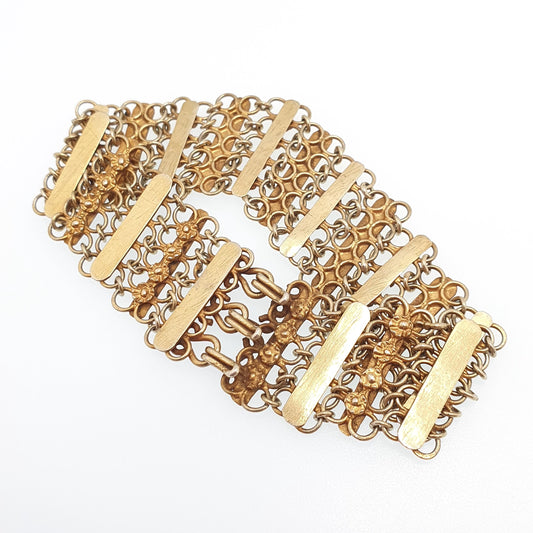 Antique Victorian Gold on Solid Silver Bracelet Gate Link Chainmail Indian Style 25.52g 19cm Flower Womens Jewelry Retro Jewellery